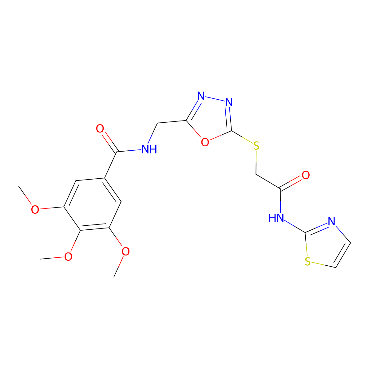 3,4,5-trimethoxy-N-((5-((2-oxo-2-(thiazol-2-ylamino)ethyl)thio)-1,3,4-oxadiazol-2-yl)methyl)benzamide molecular structure, CAS 851784-31-1
