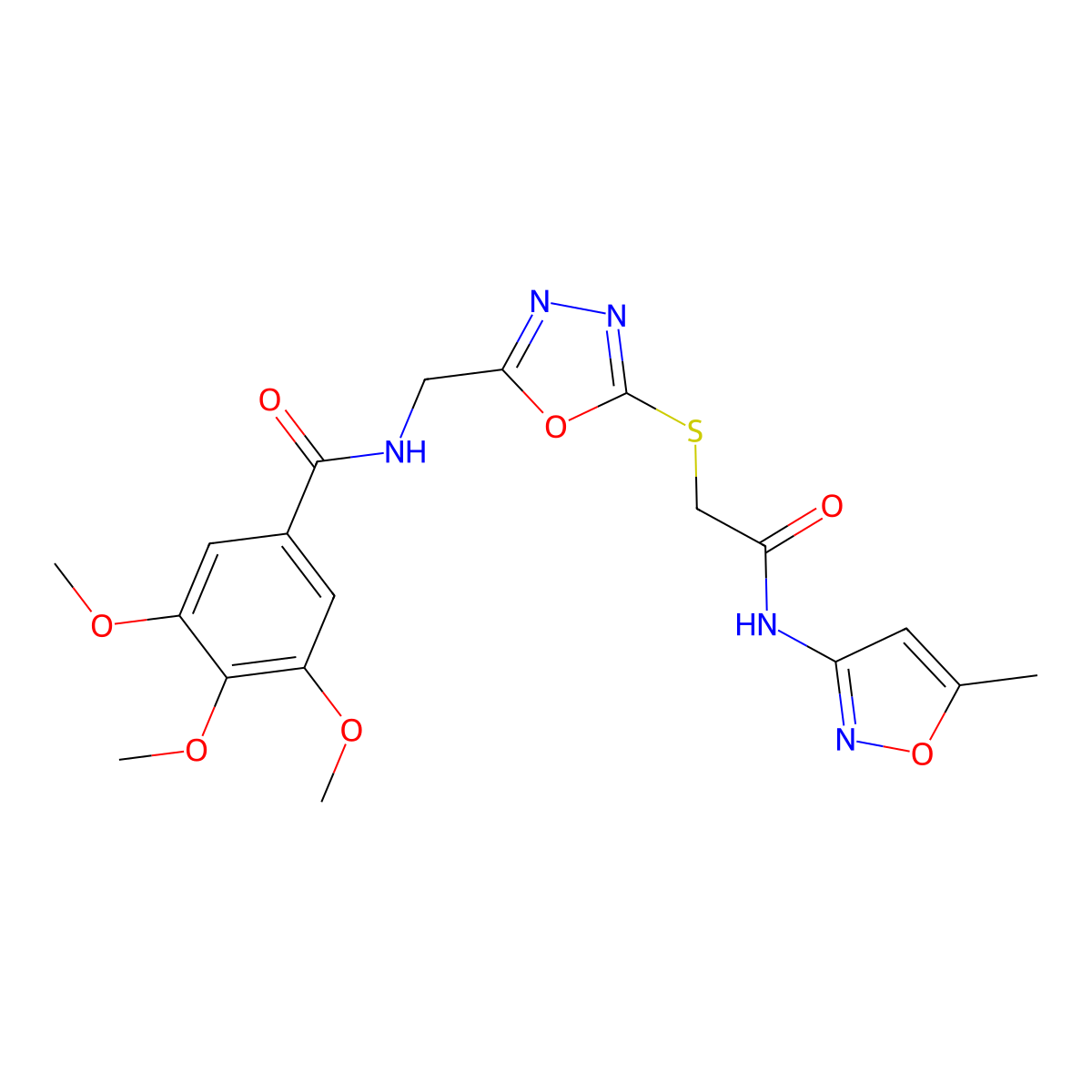 3,4,5-trimethoxy-N-((5-((2-((5-methylisoxazol-3-yl)amino)-2-oxoethyl)thio)-1,3,4-oxadiazol-2-yl)methyl)benzamide molecular structure, CAS 851784-32-2