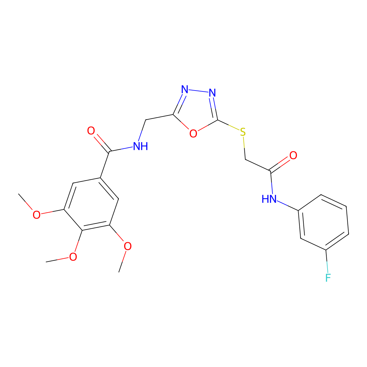N-((5-((2-((3-fluorophenyl)amino)-2-oxoethyl)thio)-1,3,4-oxadiazol-2-yl)methyl)-3,4,5-trimethoxybenzamide molecular structure, CAS 851784-36-6