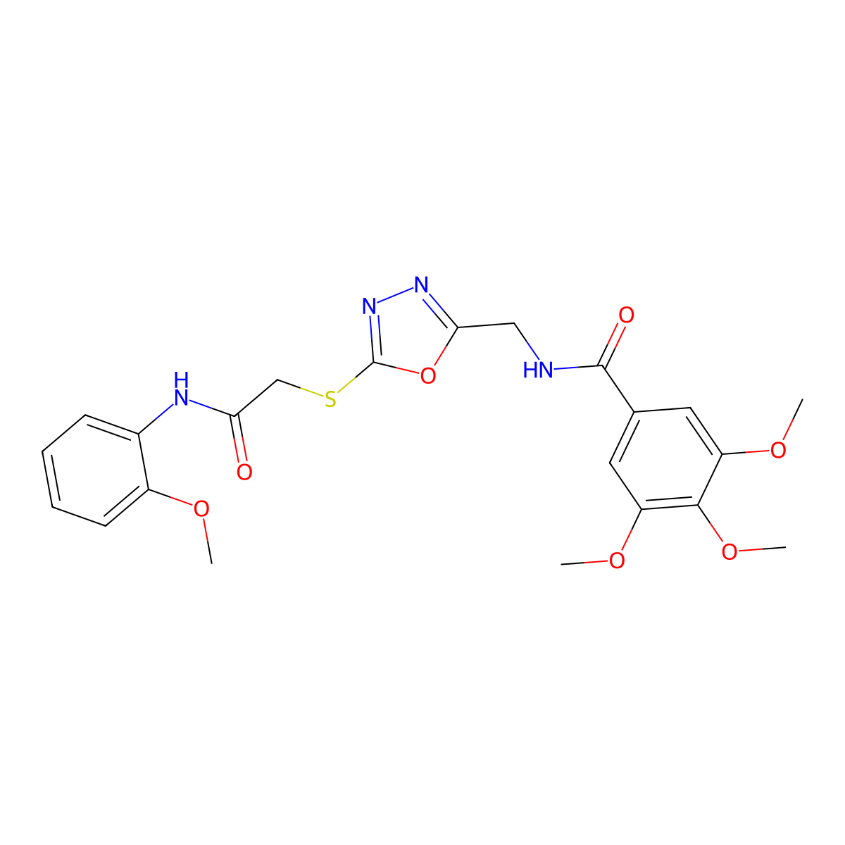 3,4,5-trimethoxy-N-((5-((2-((2-methoxyphenyl)amino)-2-oxoethyl)thio)-1,3,4-oxadiazol-2-yl)methyl)benzamide molecular structure, CAS 851784-57-1