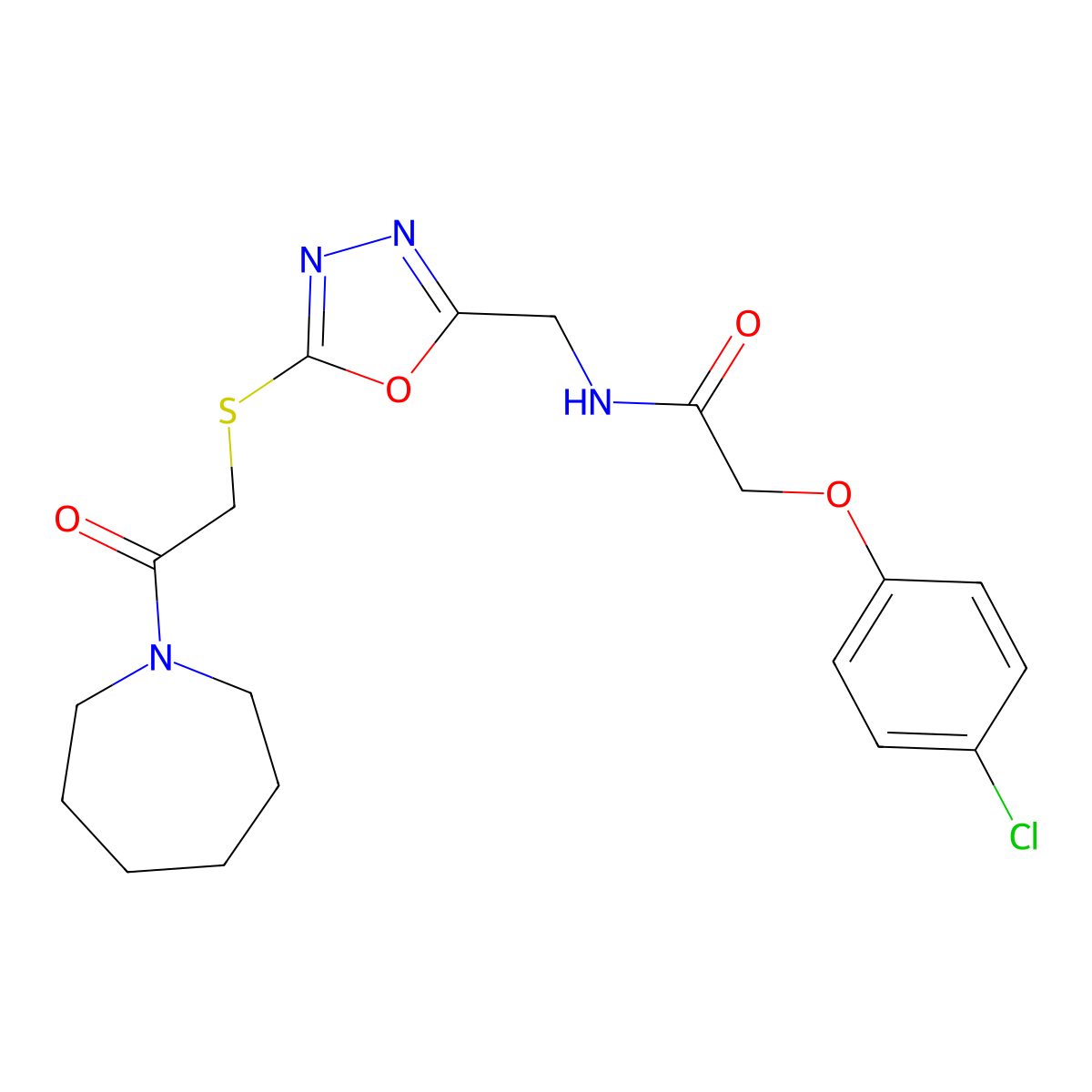 N-({5-[(2-azepan-1-yl-2-oxoethyl)thio]-1,3,4-oxadiazol-2-yl}methyl)-2-(4-chlorophenoxy)acetamide molecular structure, CAS 851784-83-3