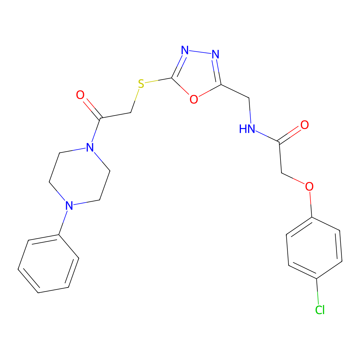 2-(4-Chlorophenoxy)-N-[(5-{[2-oxo-2-(4-phenylpiperazin-1-YL)ethyl]sulfanyl}-1,3,4-oxadiazol-2-YL)methyl]acetamide molecular structure, CAS 851784-91-3