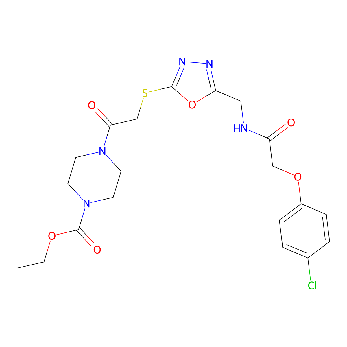 Ethyl 4-(2-((5-((2-(4-chlorophenoxy)acetamido)methyl)-1,3,4-oxadiazol-2-yl)thio)acetyl)piperazine-1-carboxylate molecular structure, CAS 851784-95-7