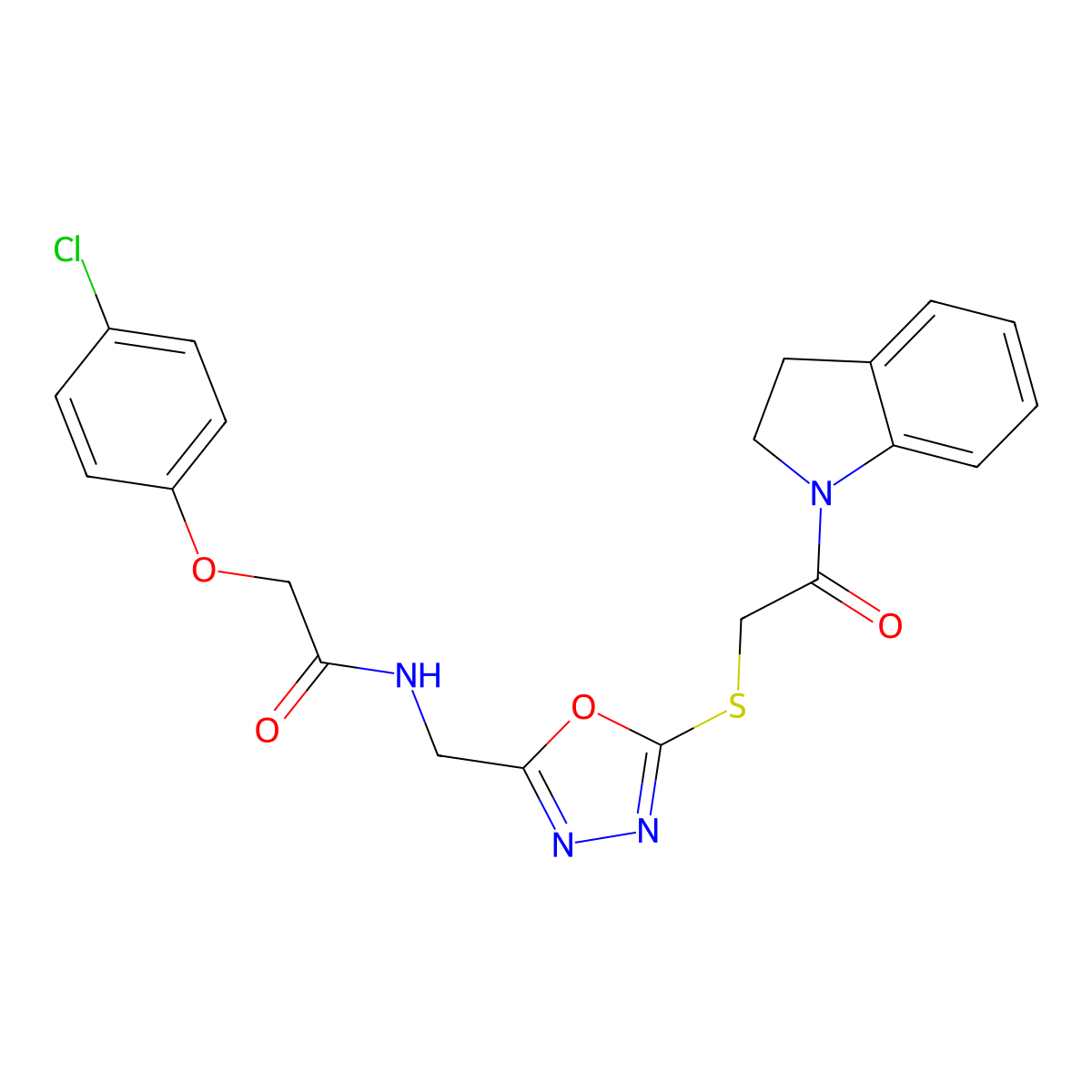 2-(4-chlorophenoxy)-N-((5-((2-(indolin-1-yl)-2-oxoethyl)thio)-1,3,4-oxadiazol-2-yl)methyl)acetamide molecular structure, CAS 851785-00-7