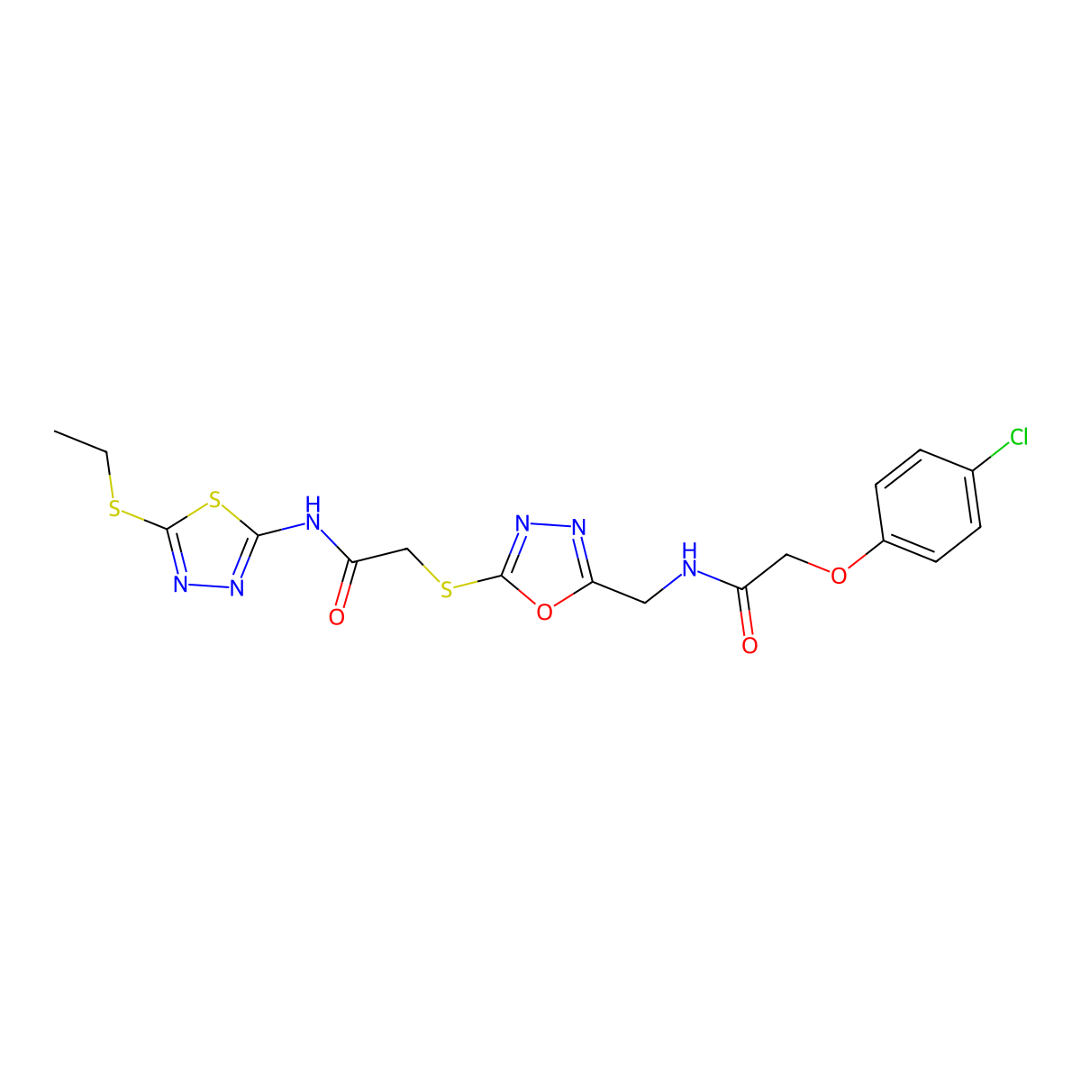 2-(4-chlorophenoxy)-N-((5-((2-((5-(ethylthio)-1,3,4-thiadiazol-2-yl)amino)-2-oxoethyl)thio)-1,3,4-oxadiazol-2-yl)methyl)acetamide molecular structure, CAS 851785-06-3