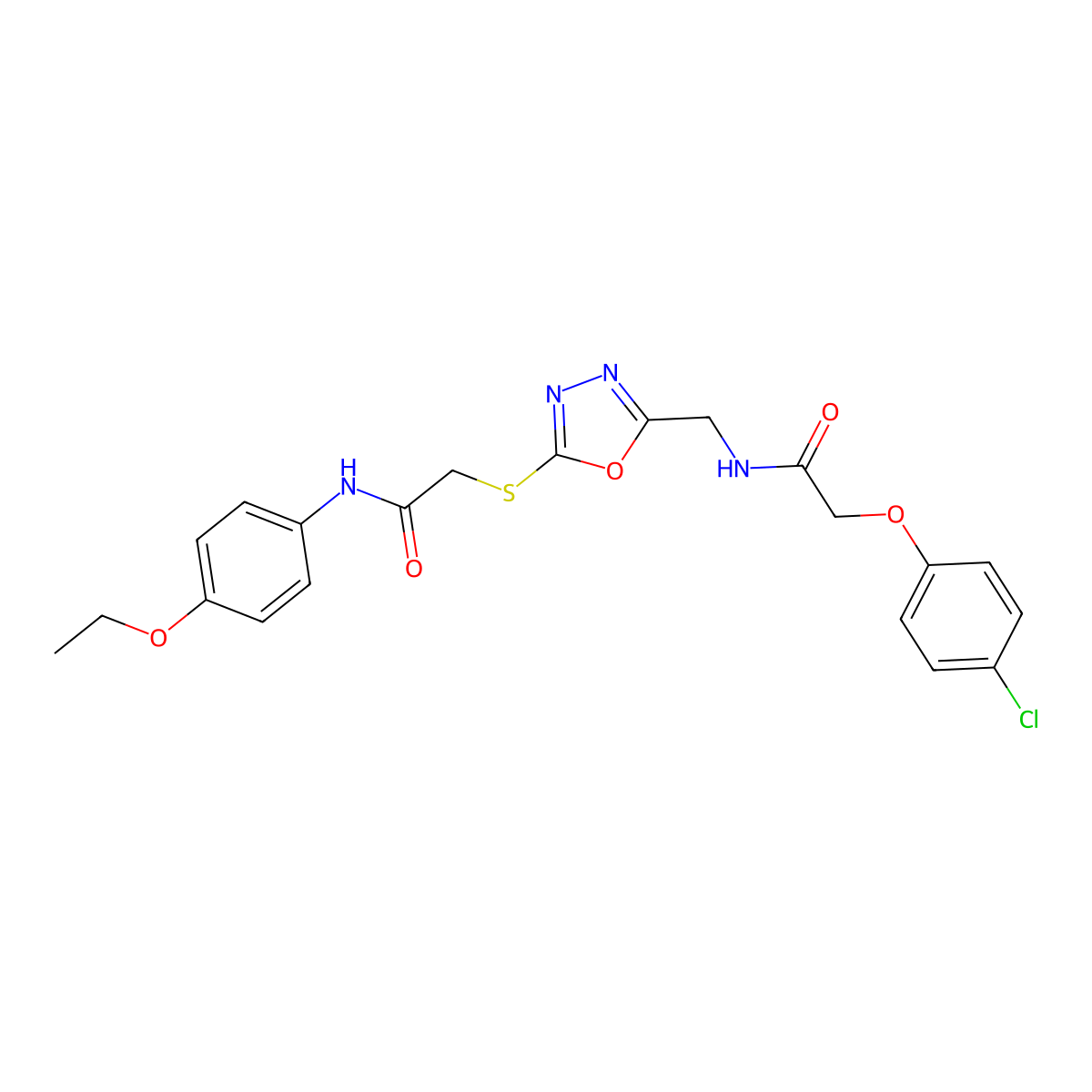 2-(4-chlorophenoxy)-N-[[5-[2-(4-ethoxyanilino)-2-oxoethyl]sulfanyl-1,3,4-oxadiazol-2-yl]methyl]acetamide molecular structure, CAS 851785-25-6