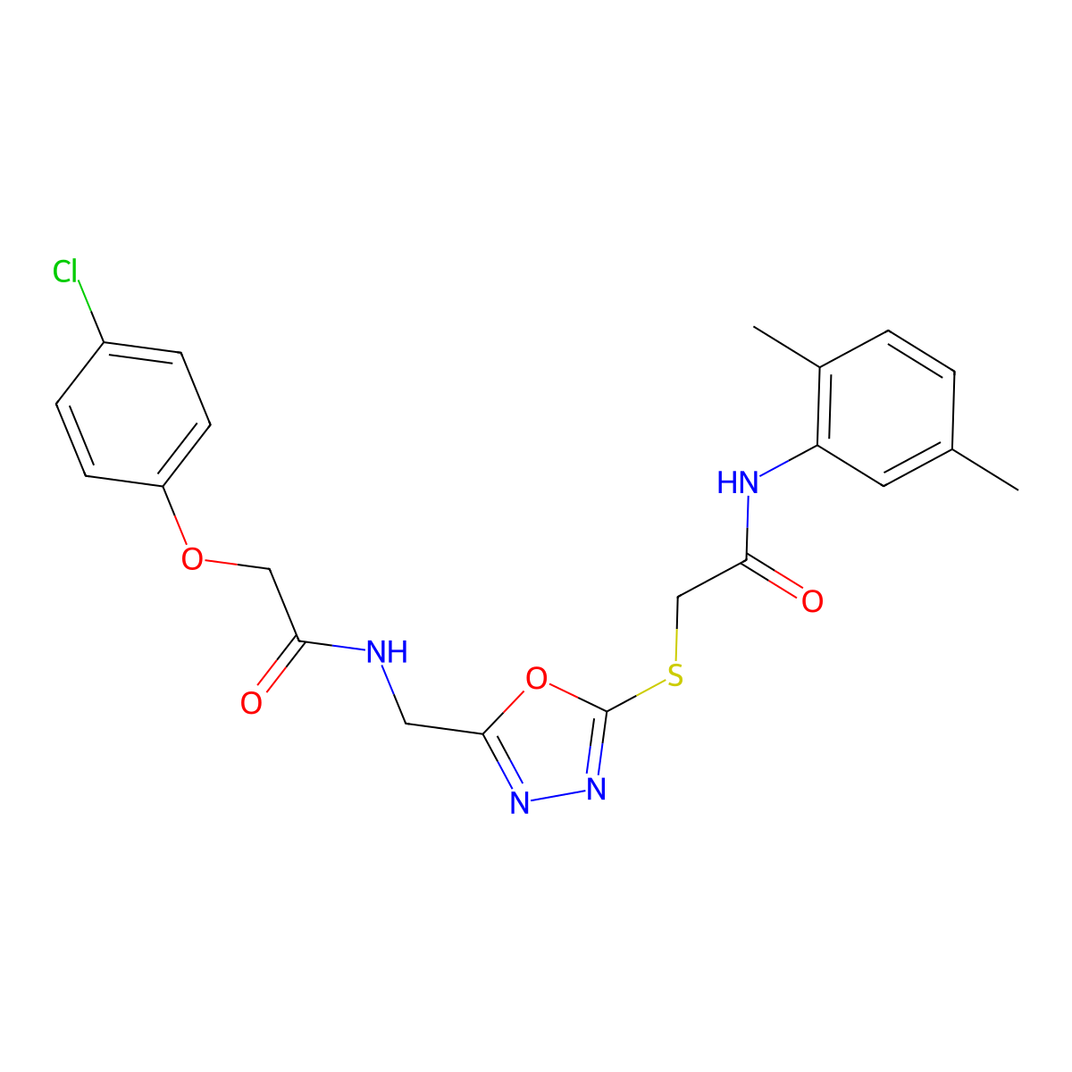 2-(4-chlorophenoxy)-N-[[5-[2-(2,5-dimethylanilino)-2-oxoethyl]sulfanyl-1,3,4-oxadiazol-2-yl]methyl]acetamide molecular structure, CAS 851785-29-0