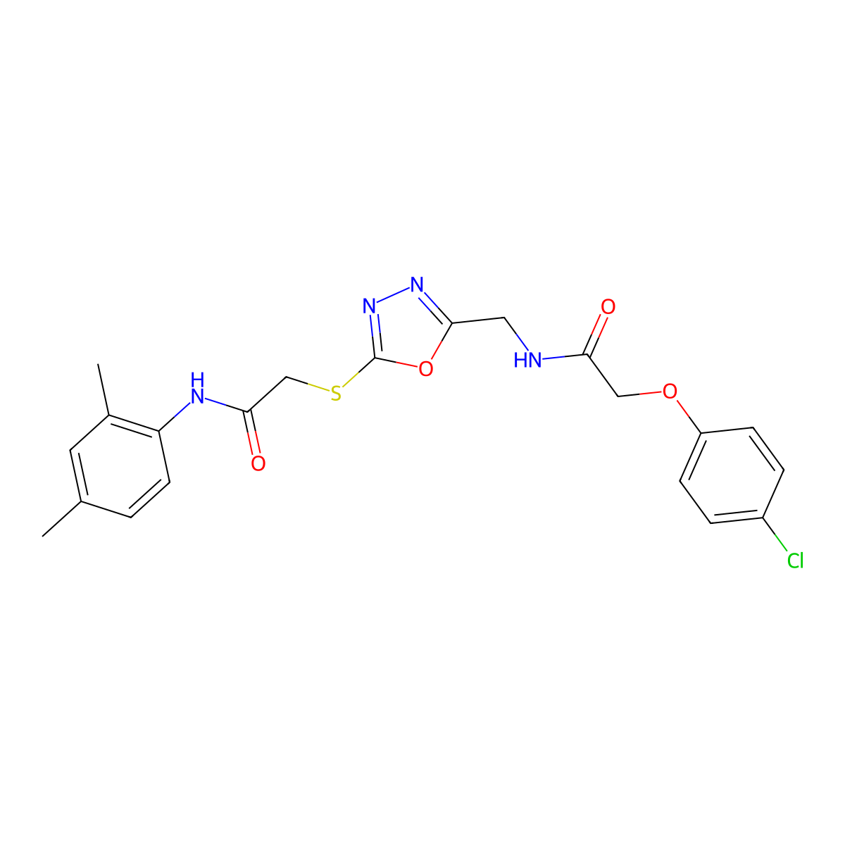 2-(4-chlorophenoxy)-N-((5-((2-((2,4-dimethylphenyl)amino)-2-oxoethyl)thio)-1,3,4-oxadiazol-2-yl)methyl)acetamide molecular structure, CAS 851785-31-4