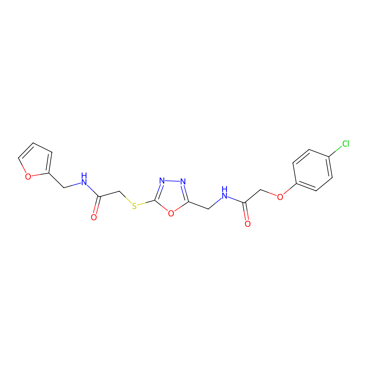 2-(4-chlorophenoxy)-N-({5-[({[(furan-2-yl)methyl]carbamoyl}methyl)sulfanyl]-1,3,4-oxadiazol-2-yl}methyl)acetamide molecular structure, CAS 851785-47-2