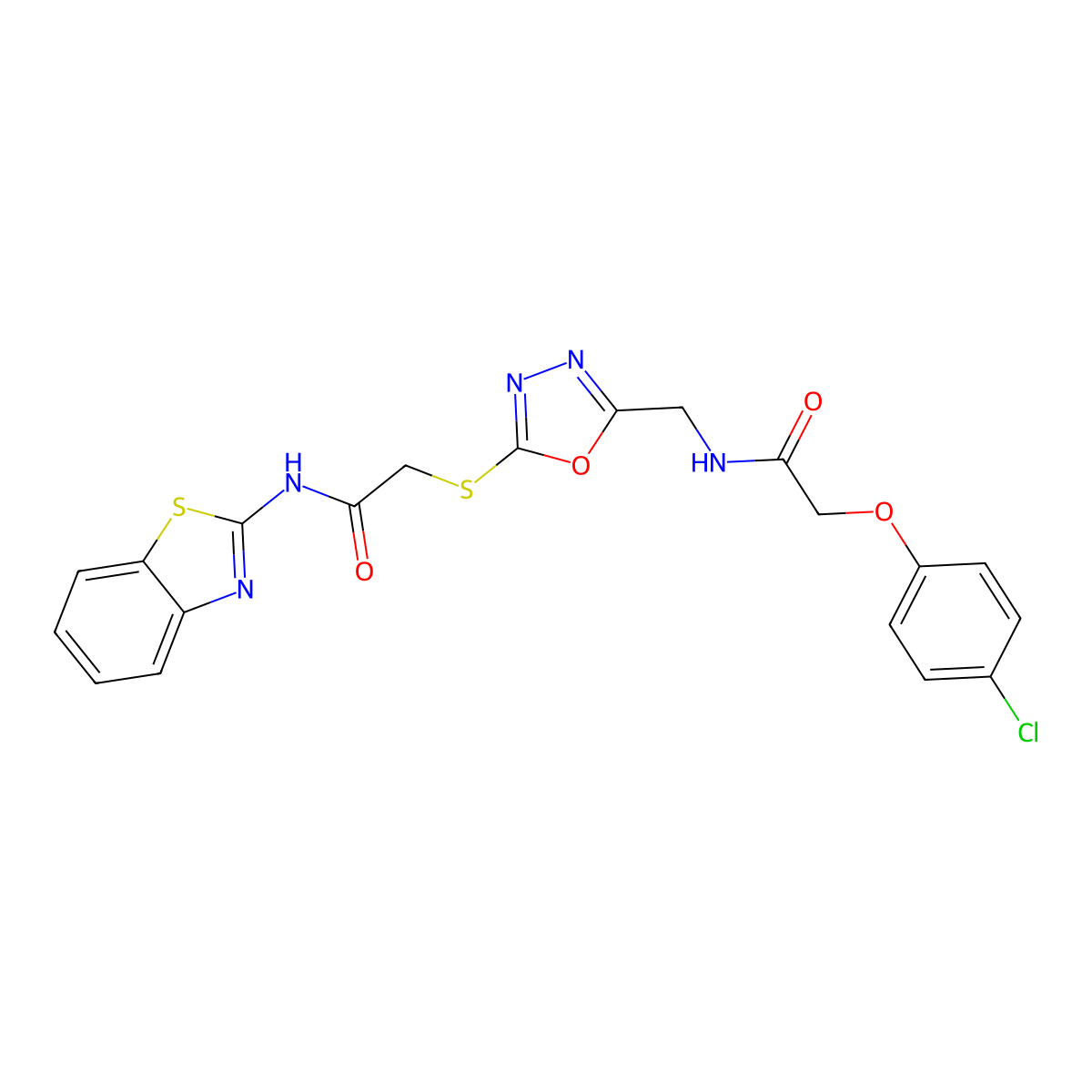 N-(benzo[d]thiazol-2-yl)-2-((5-((2-(4-chlorophenoxy)acetamido)methyl)-1,3,4-oxadiazol-2-yl)thio)acetamide molecular structure, CAS 851785-51-8
