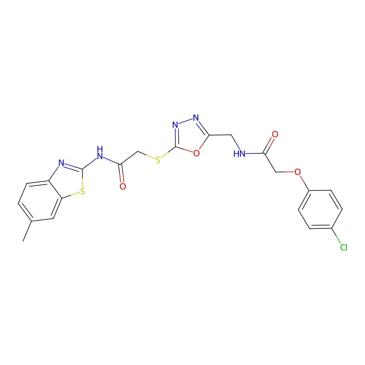 2-(4-chlorophenoxy)-N-((5-((2-((6-methylbenzo[d]thiazol-2-yl)amino)-2-oxoethyl)thio)-1,3,4-oxadiazol-2-yl)methyl)acetamide molecular structure, CAS 851785-53-0