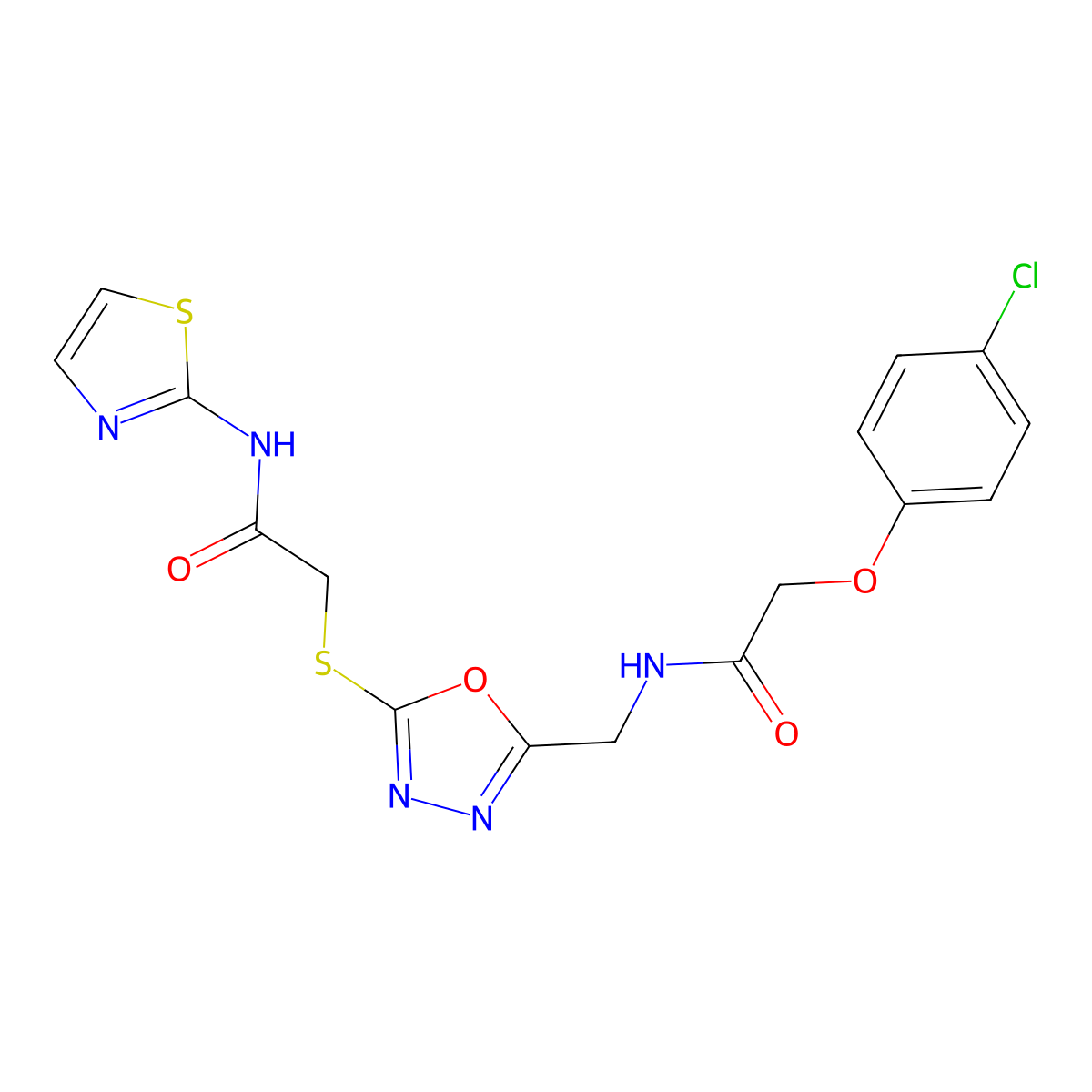 2-(4-chlorophenoxy)-N-((5-((2-oxo-2-(thiazol-2-ylamino)ethyl)thio)-1,3,4-oxadiazol-2-yl)methyl)acetamide molecular structure, CAS 851785-55-2
