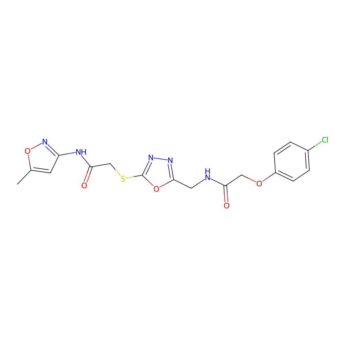 2-(4-chlorophenoxy)-N-((5-((2-((5-methylisoxazol-3-yl)amino)-2-oxoethyl)thio)-1,3,4-oxadiazol-2-yl)methyl)acetamide molecular structure, CAS 851785-57-4