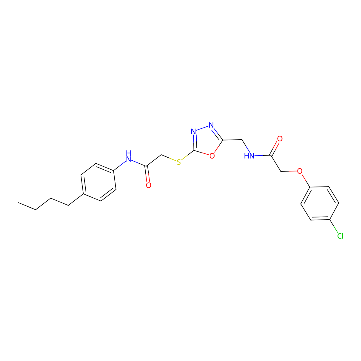 N-(4-butylphenyl)-2-((5-((2-(4-chlorophenoxy)acetamido)methyl)-1,3,4-oxadiazol-2-yl)thio)acetamide molecular structure, CAS 851785-59-6