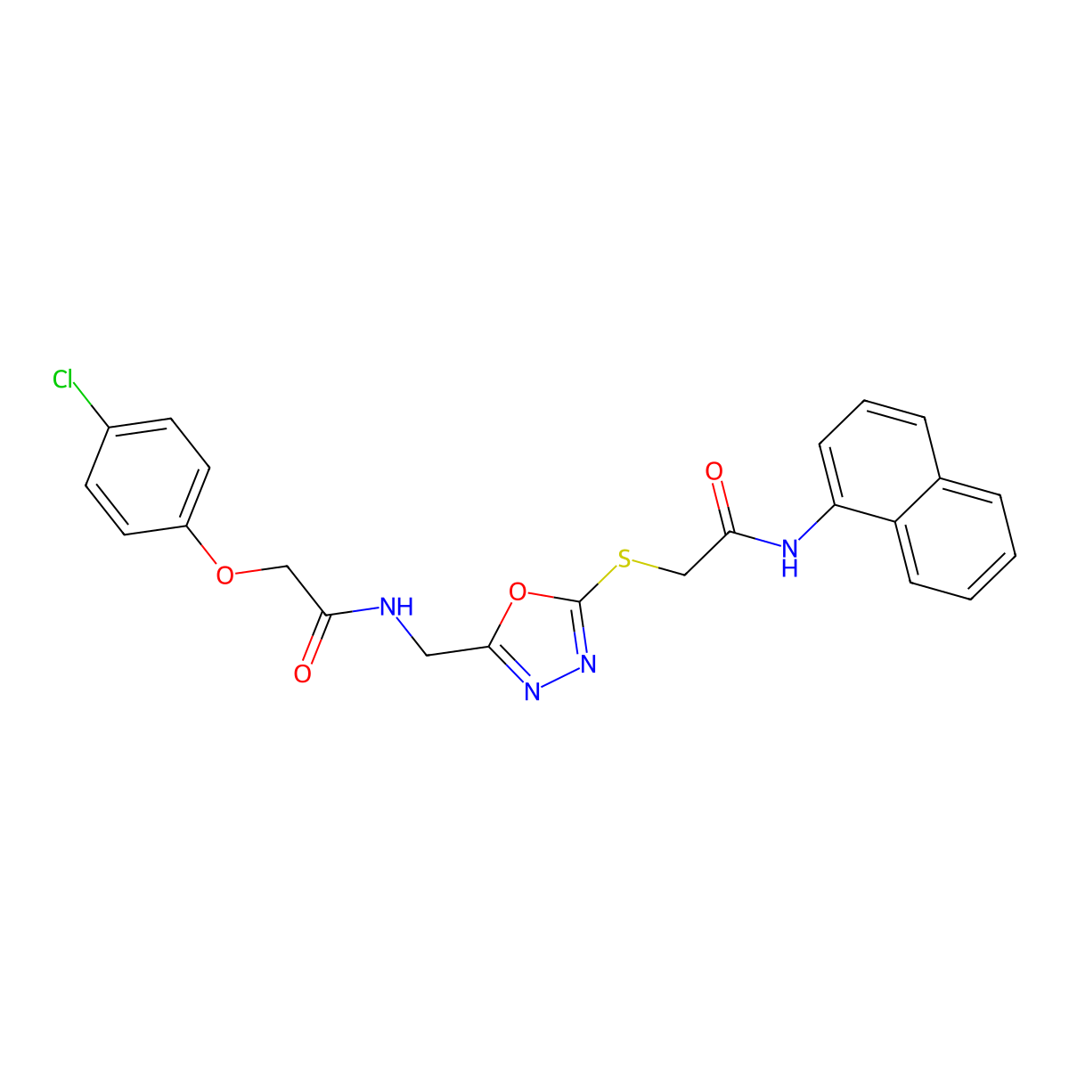 2-(4-chlorophenoxy)-N-[[5-[2-(naphthalen-1-ylamino)-2-oxoethyl]sulfanyl-1,3,4-oxadiazol-2-yl]methyl]acetamide molecular structure, CAS 851785-65-4
