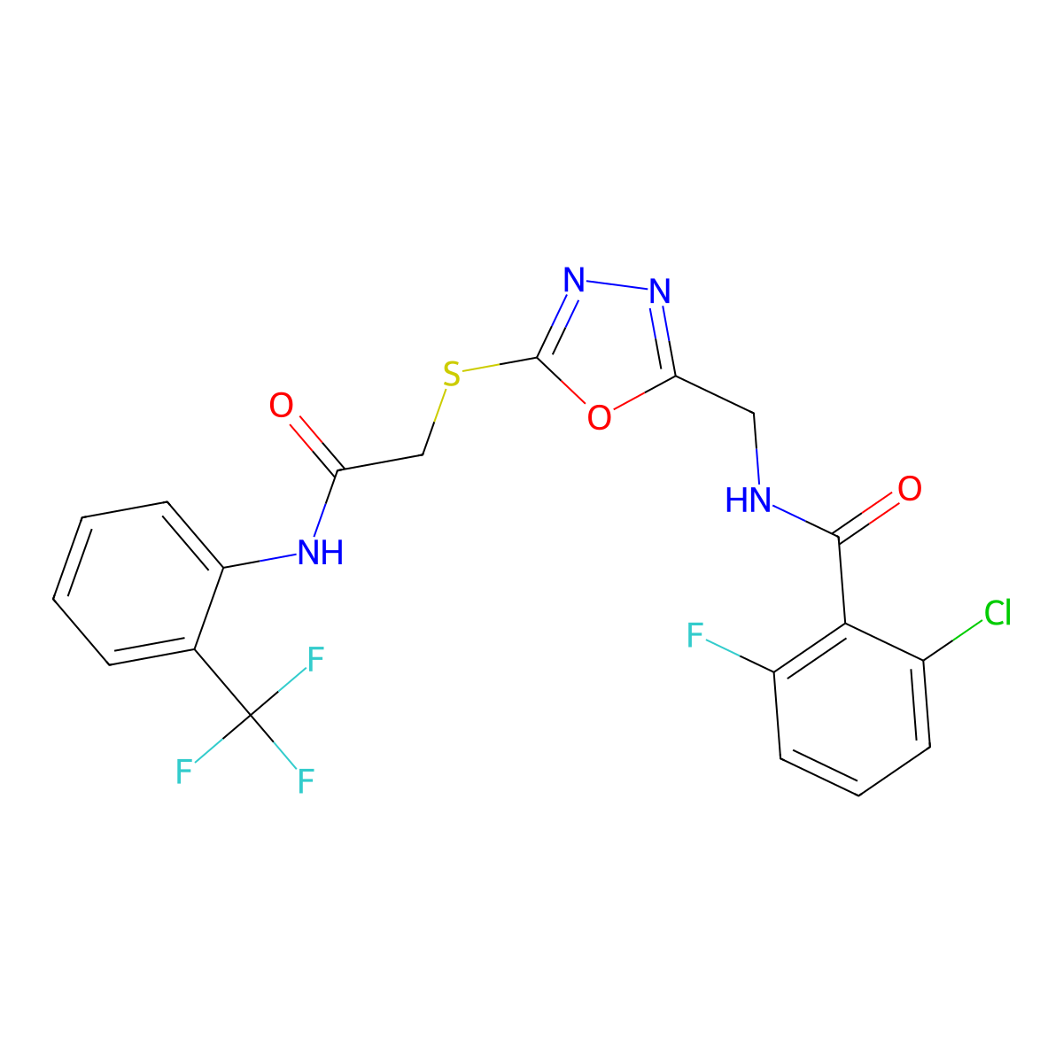 2-chloro-6-fluoro-N-((5-((2-oxo-2-((2-(trifluoromethyl)phenyl)amino)ethyl)thio)-1,3,4-oxadiazol-2-yl)methyl)benzamide molecular structure, CAS 851785-96-1