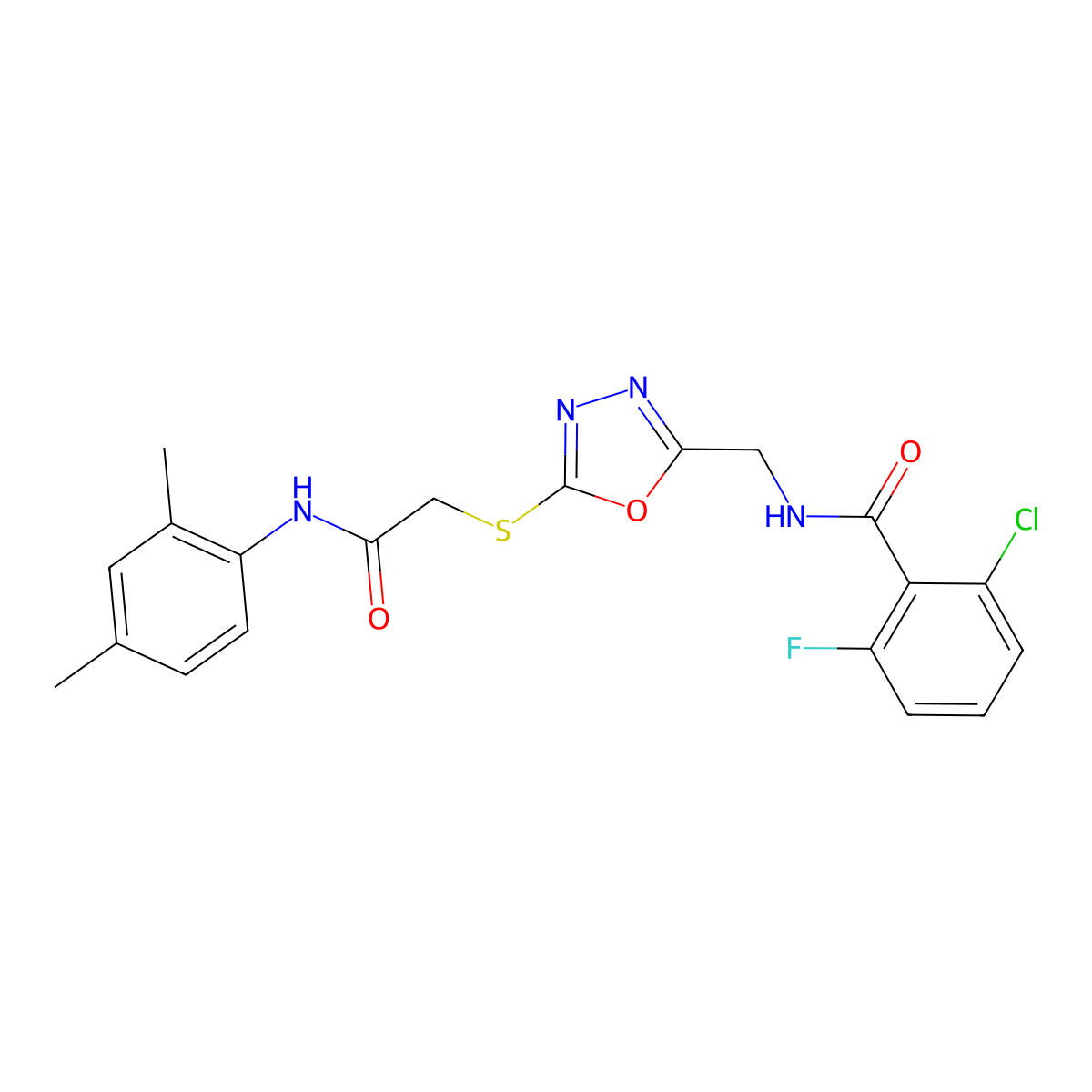 2-chloro-N-((5-((2-((2,4-dimethylphenyl)amino)-2-oxoethyl)thio)-1,3,4-oxadiazol-2-yl)methyl)-6-fluorobenzamide molecular structure, CAS 851786-09-9