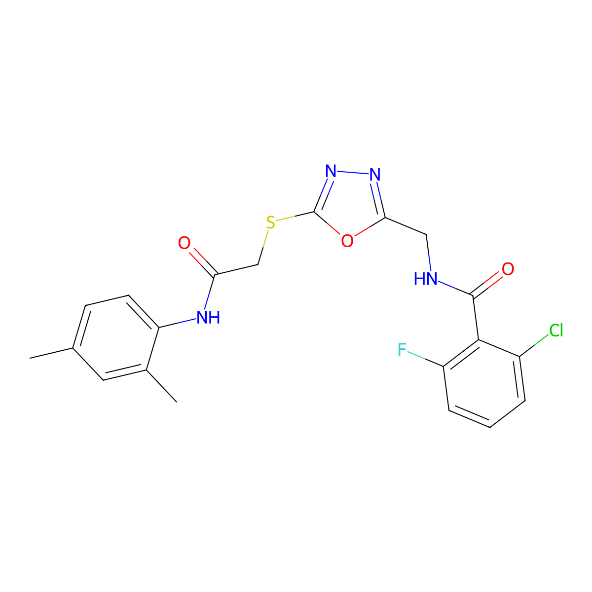 2-chloro-N-((5-((2-((2,4-dimethylphenyl)amino)-2-oxoethyl)thio)-1,3,4-oxadiazol-2-yl)methyl)-6-fluorobenzamide molecular structure, CAS 851786-09-9