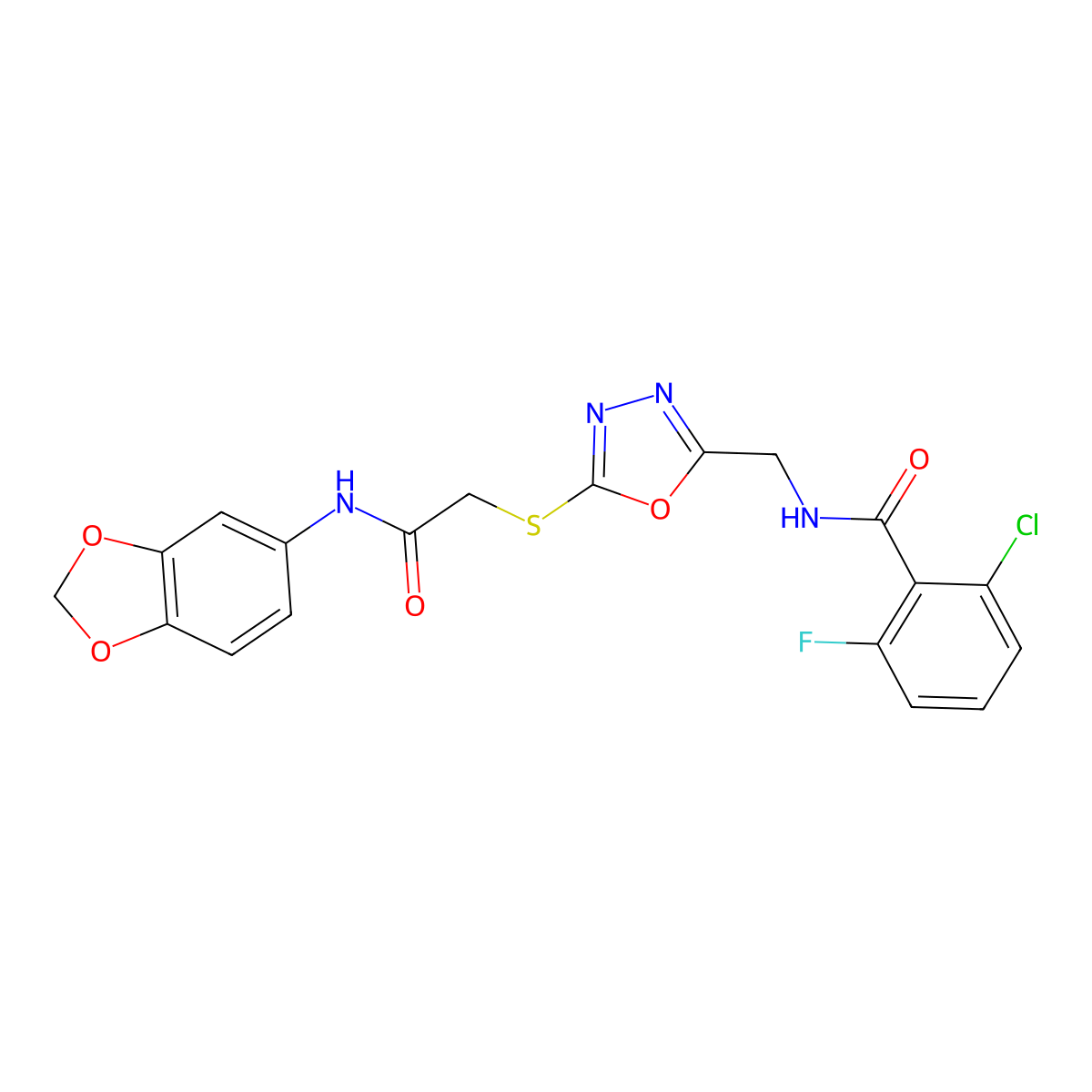N-[[5-[2-(1,3-benzodioxol-5-ylamino)-2-oxoethyl]sulfanyl-1,3,4-oxadiazol-2-yl]methyl]-2-chloro-6-fluorobenzamide molecular structure, CAS 851786-14-6