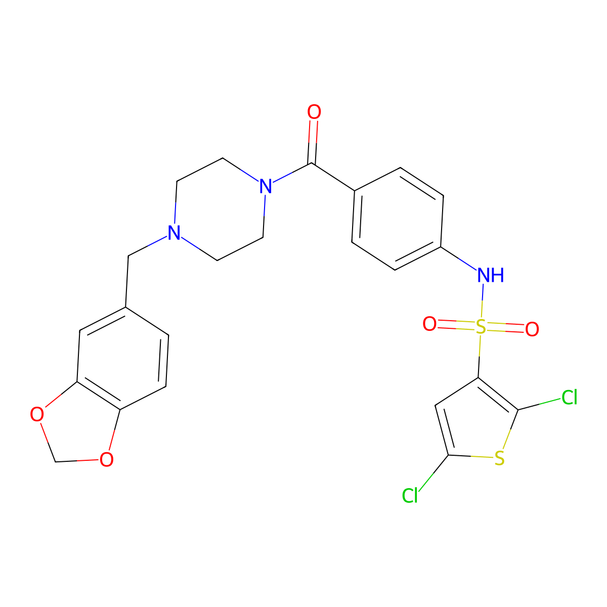 N-(4-{4-[(1,3-dioxaindan-5-yl)methyl]piperazine-1-carbonyl}phenyl)-2,5-dichlorothiophene-3-sulfonamide molecular structure, CAS 851787-97-8