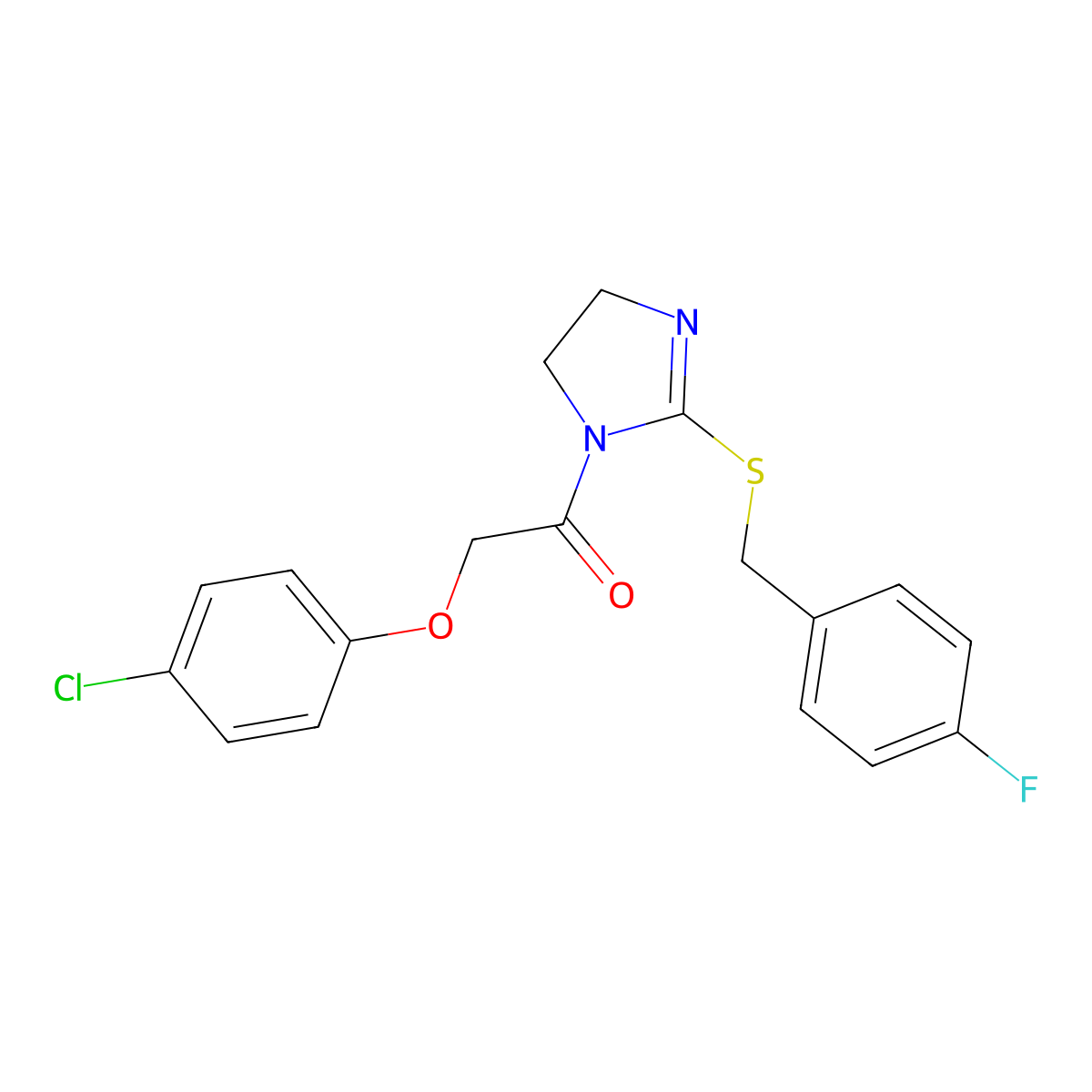 2-(4-chlorophenoxy)-1-(2-((4-fluorobenzyl)thio)-4,5-dihydro-1H-imidazol-1-yl)ethanone molecular structure, CAS 851800-12-9