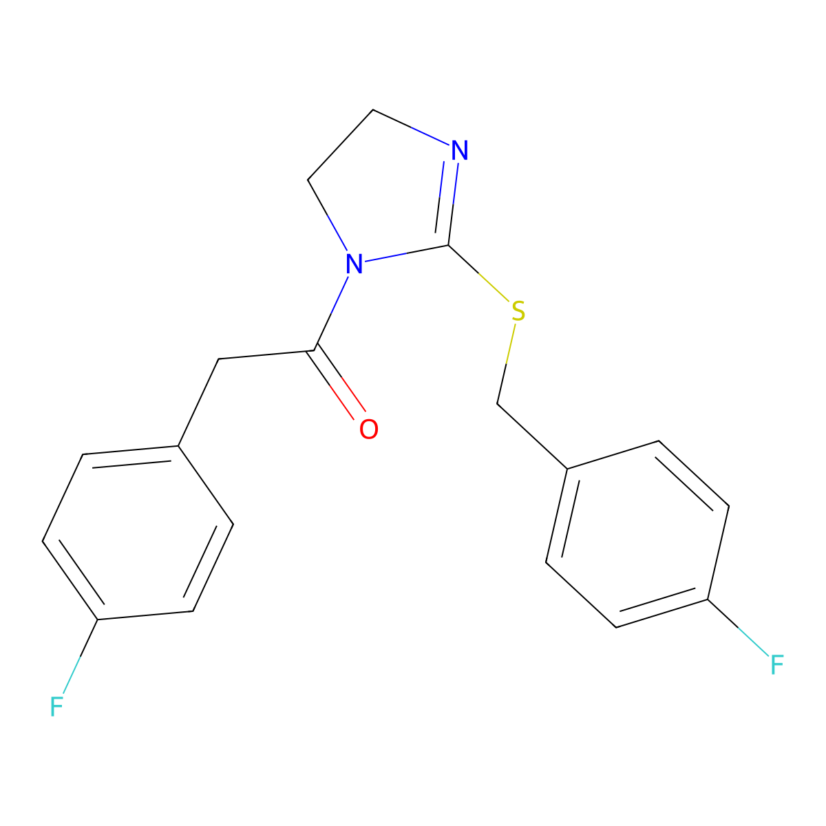 2-(4-Fluorophenyl)-1-[2-[(4-fluorophenyl)methylsulfanyl]-4,5-dihydroimidazol-1-yl]ethanone molecular structure, CAS 851800-19-6