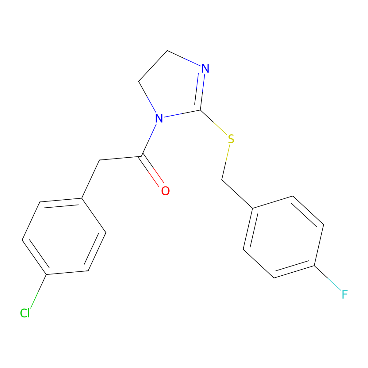 2-(4-Chlorophenyl)-1-[2-[(4-fluorophenyl)methylsulfanyl]-4,5-dihydroimidazol-1-yl]ethanone molecular structure, CAS 851800-20-9