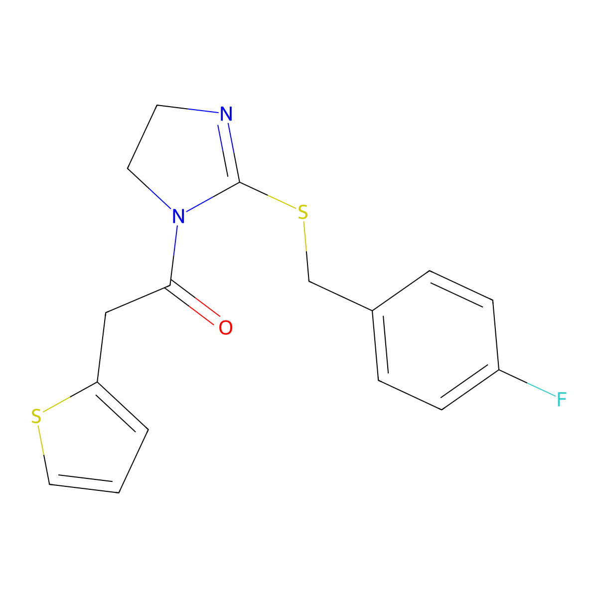 1-[2-[(4-Fluorophenyl)methylsulfanyl]-4,5-dihydroimidazol-1-yl]-2-thiophen-2-ylethanone molecular structure, CAS 851800-22-1