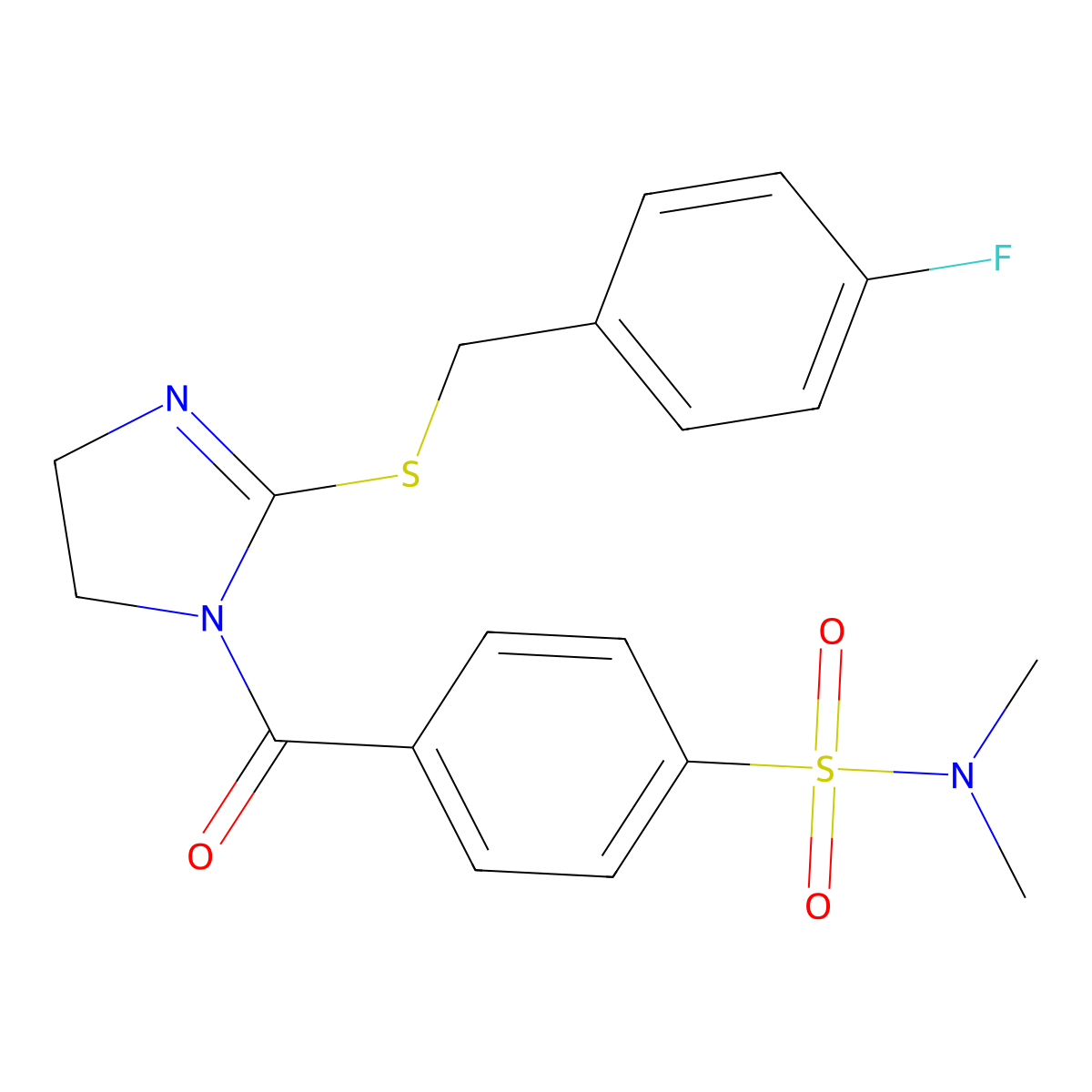 4-[2-[(4-fluorophenyl)methylsulfanyl]-4,5-dihydroimidazole-1-carbonyl]-N,N-dimethylbenzenesulfonamide molecular structure, CAS 851800-23-2