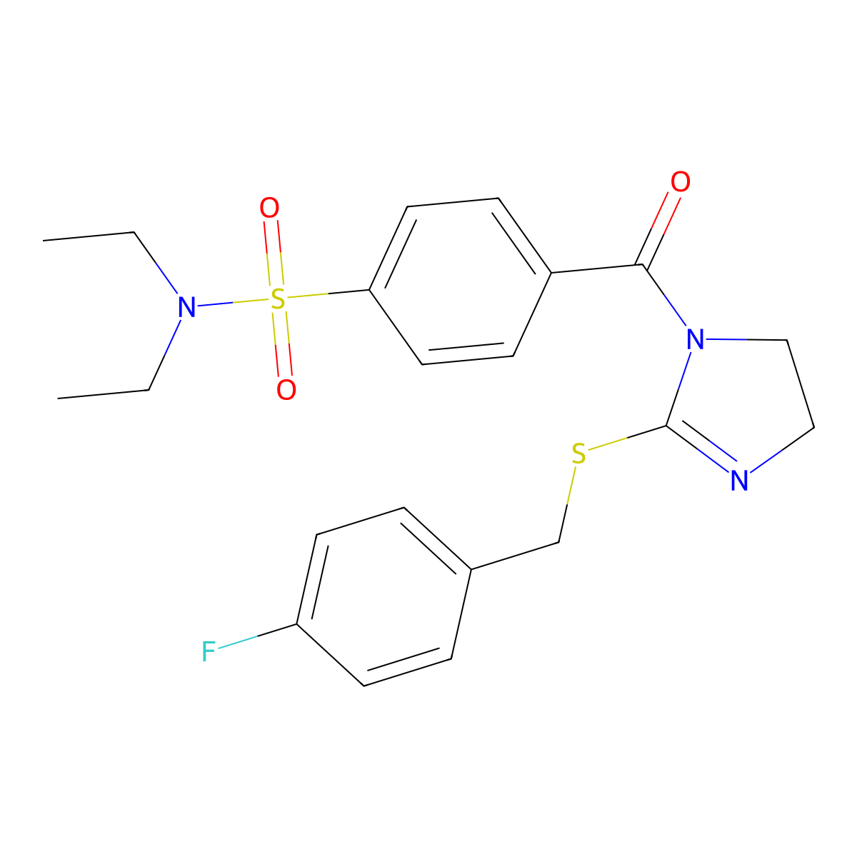 N,N-diethyl-4-[2-[(4-fluorophenyl)methylsulfanyl]-4,5-dihydroimidazole-1-carbonyl]benzenesulfonamide molecular structure, CAS 851800-24-3