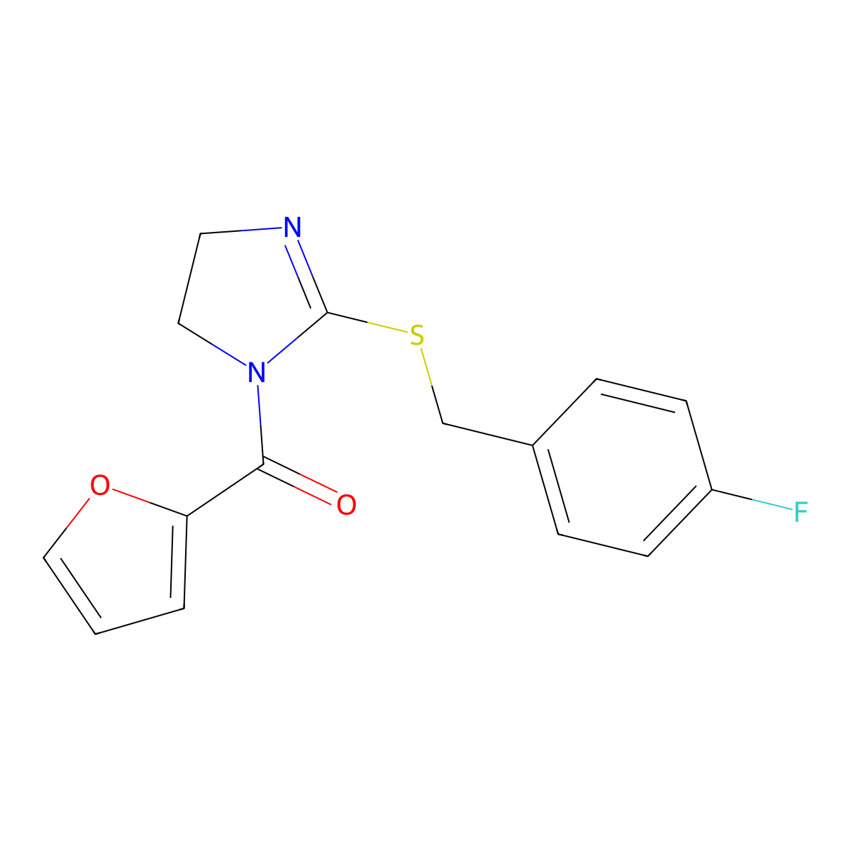 [2-[(4-Fluorophenyl)methylsulfanyl]-4,5-dihydroimidazol-1-yl]-(furan-2-yl)methanone molecular structure, CAS 851800-28-7