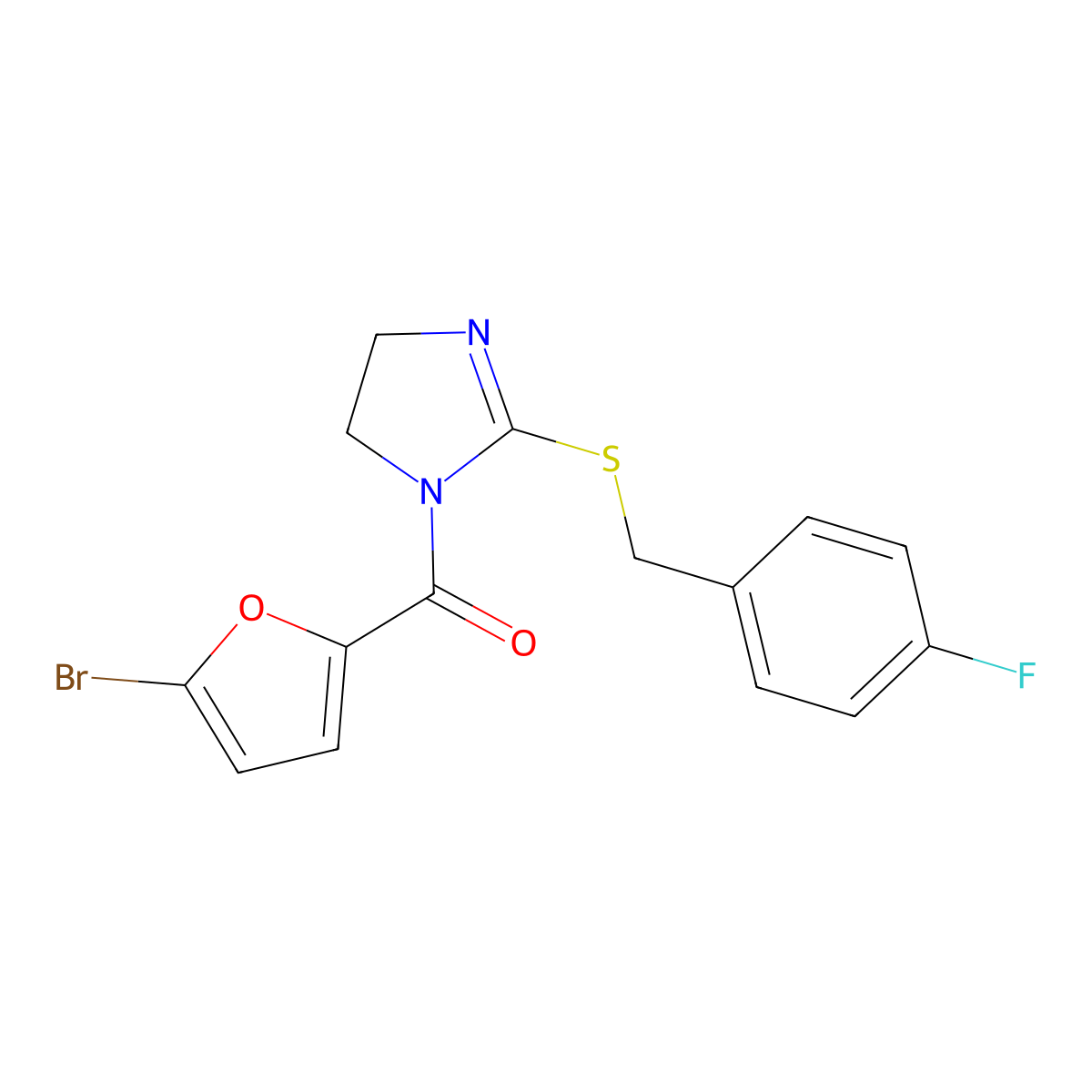 (5-bromofuran-2-yl)(2-((4-fluorobenzyl)thio)-4,5-dihydro-1H-imidazol-1-yl)methanone molecular structure, CAS 851800-29-8
