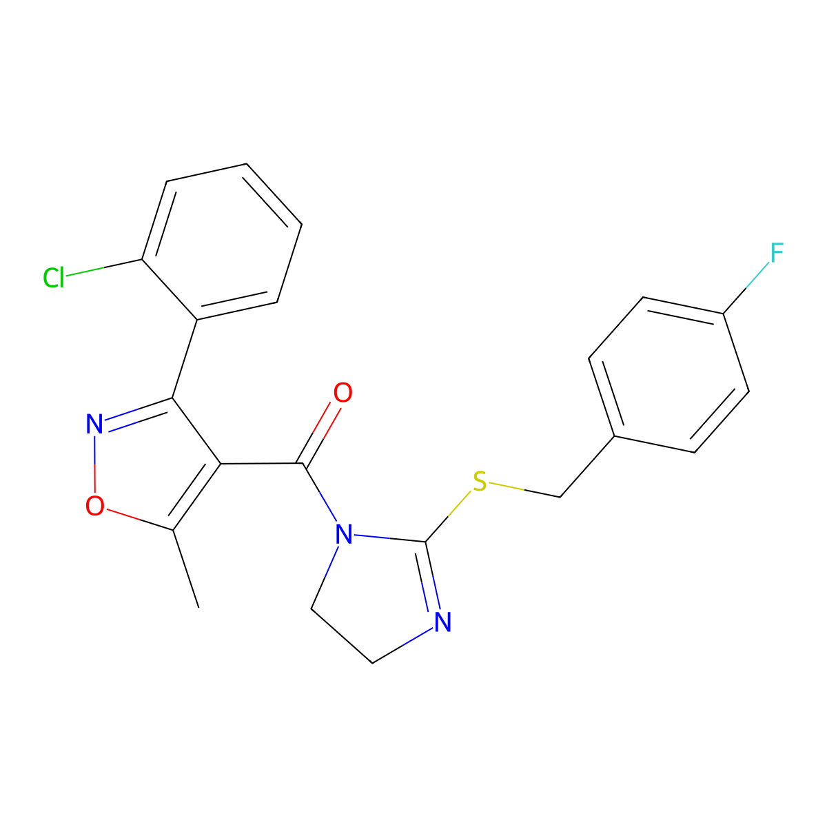 (3-(2-chlorophenyl)-5-methylisoxazol-4-yl)(2-((4-fluorobenzyl)thio)-4,5-dihydro-1H-imidazol-1-yl)methanone molecular structure, CAS 851800-31-2
