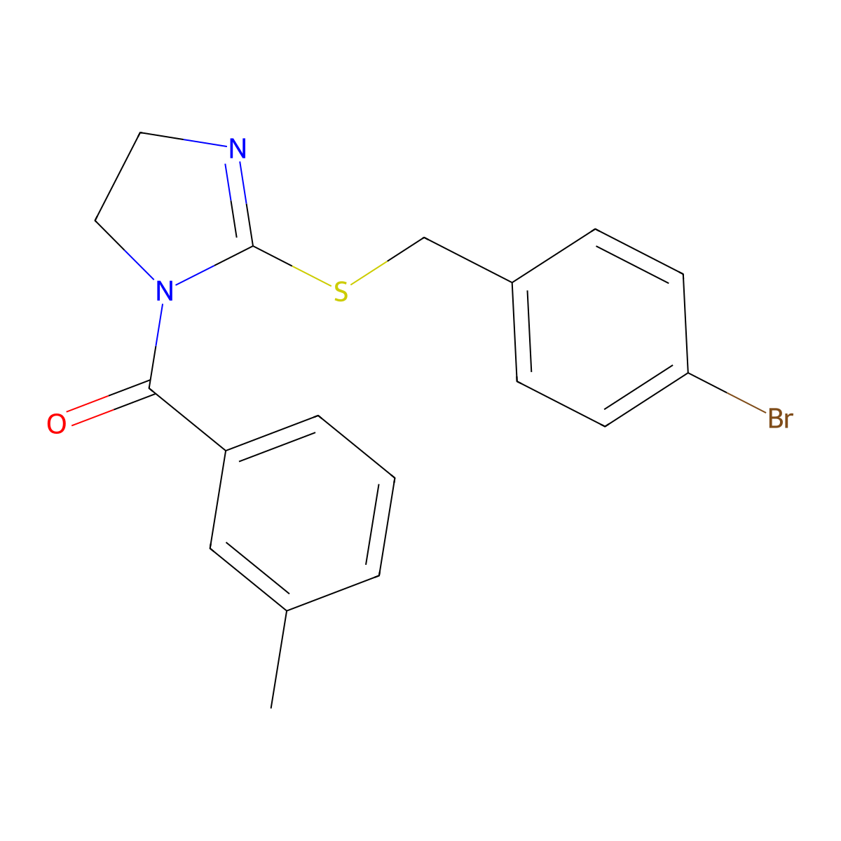 (2-((4-bromobenzyl)thio)-4,5-dihydro-1H-imidazol-1-yl)(m-tolyl)methanone molecular structure, CAS 851800-42-5