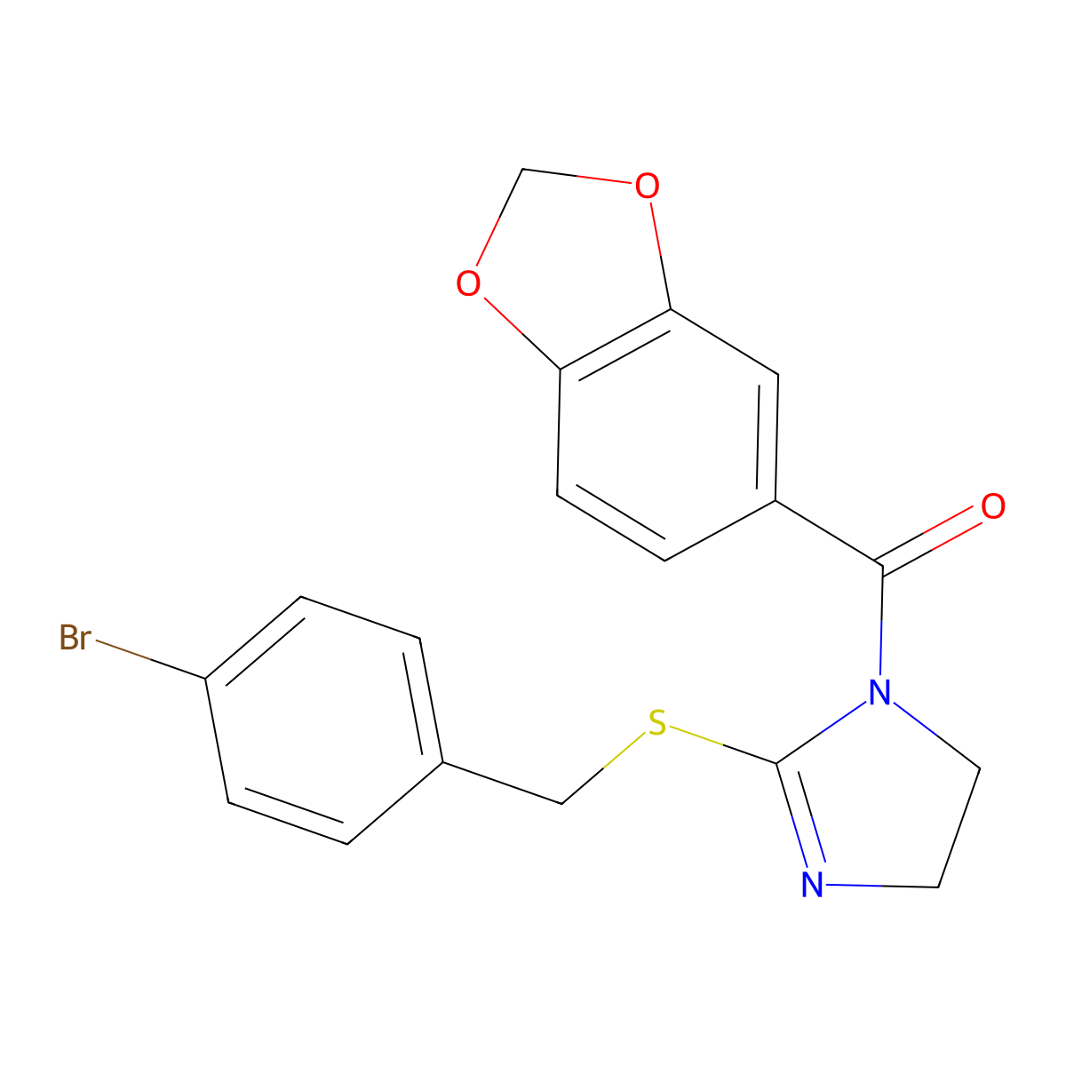 1,3-Benzodioxol-5-yl-[2-[(4-bromophenyl)methylsulfanyl]-4,5-dihydroimidazol-1-yl]methanone molecular structure, CAS 851800-57-2