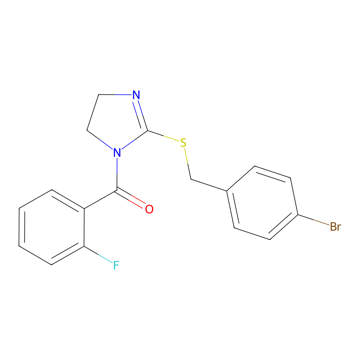 (2-((4-bromobenzyl)thio)-4,5-dihydro-1H-imidazol-1-yl)(2-fluorophenyl)methanone molecular structure, CAS 851800-60-7