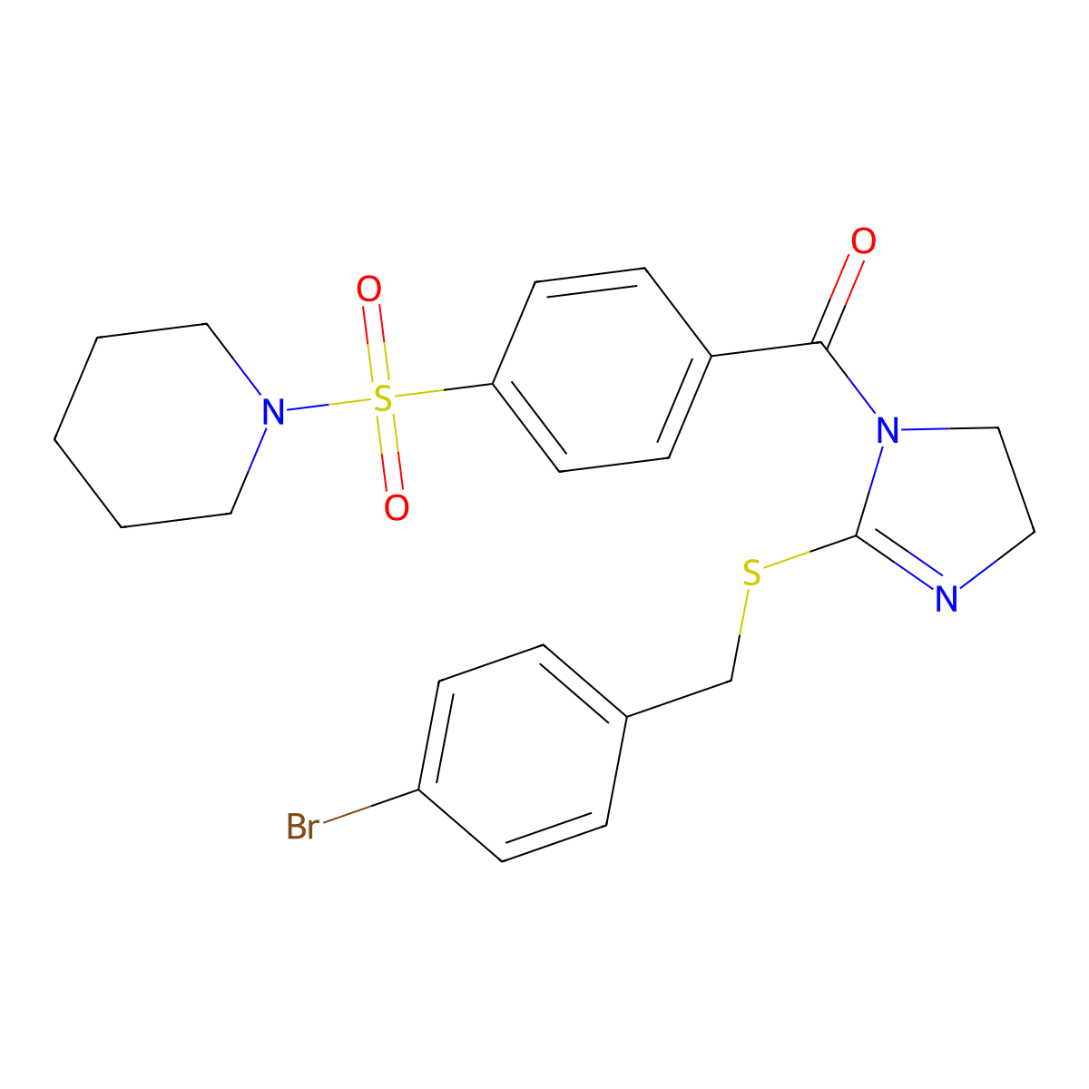 (2-((4-bromobenzyl)thio)-4,5-dihydro-1H-imidazol-1-yl)(4-(piperidin-1-ylsulfonyl)phenyl)methanone molecular structure, CAS 851800-85-6