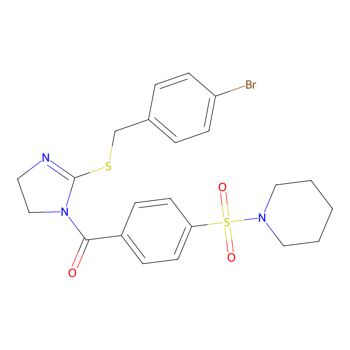 (2-((4-bromobenzyl)thio)-4,5-dihydro-1H-imidazol-1-yl)(4-(piperidin-1-ylsulfonyl)phenyl)methanone molecular structure, CAS 851800-85-6