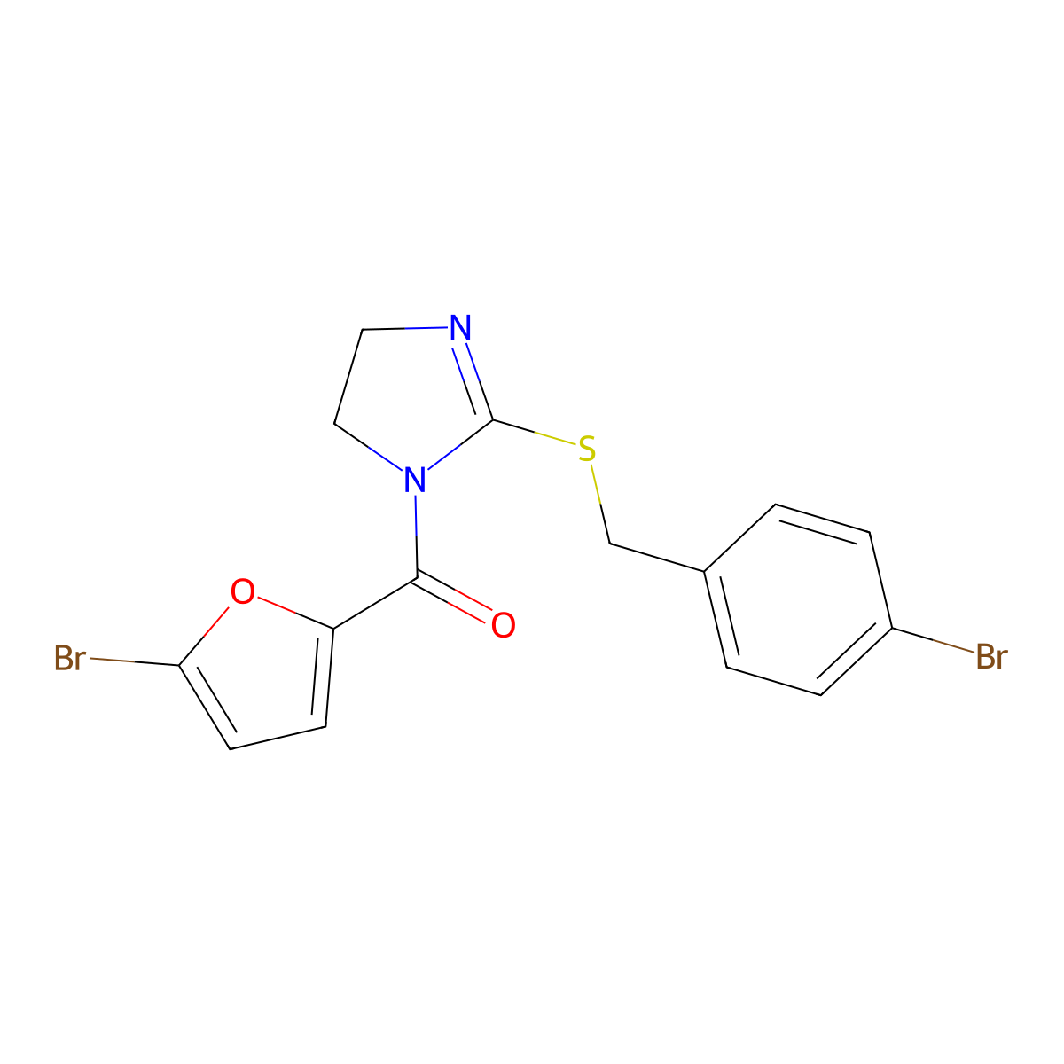 (2-((4-bromobenzyl)thio)-4,5-dihydro-1H-imidazol-1-yl)(5-bromofuran-2-yl)methanone molecular structure, CAS 851800-88-9