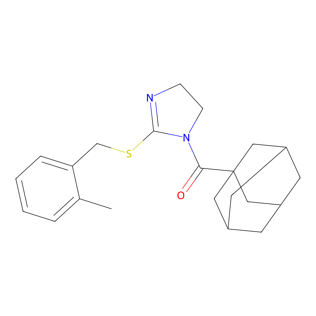 1-Adamantyl-[2-[(2-methylphenyl)methylsulfanyl]-4,5-dihydroimidazol-1-yl]methanone molecular structure, CAS 851800-96-9