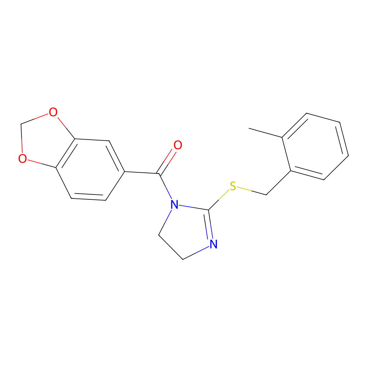 benzo[d][1,3]dioxol-5-yl(2-((2-methylbenzyl)thio)-4,5-dihydro-1H-imidazol-1-yl)methanone molecular structure, CAS 851801-12-2