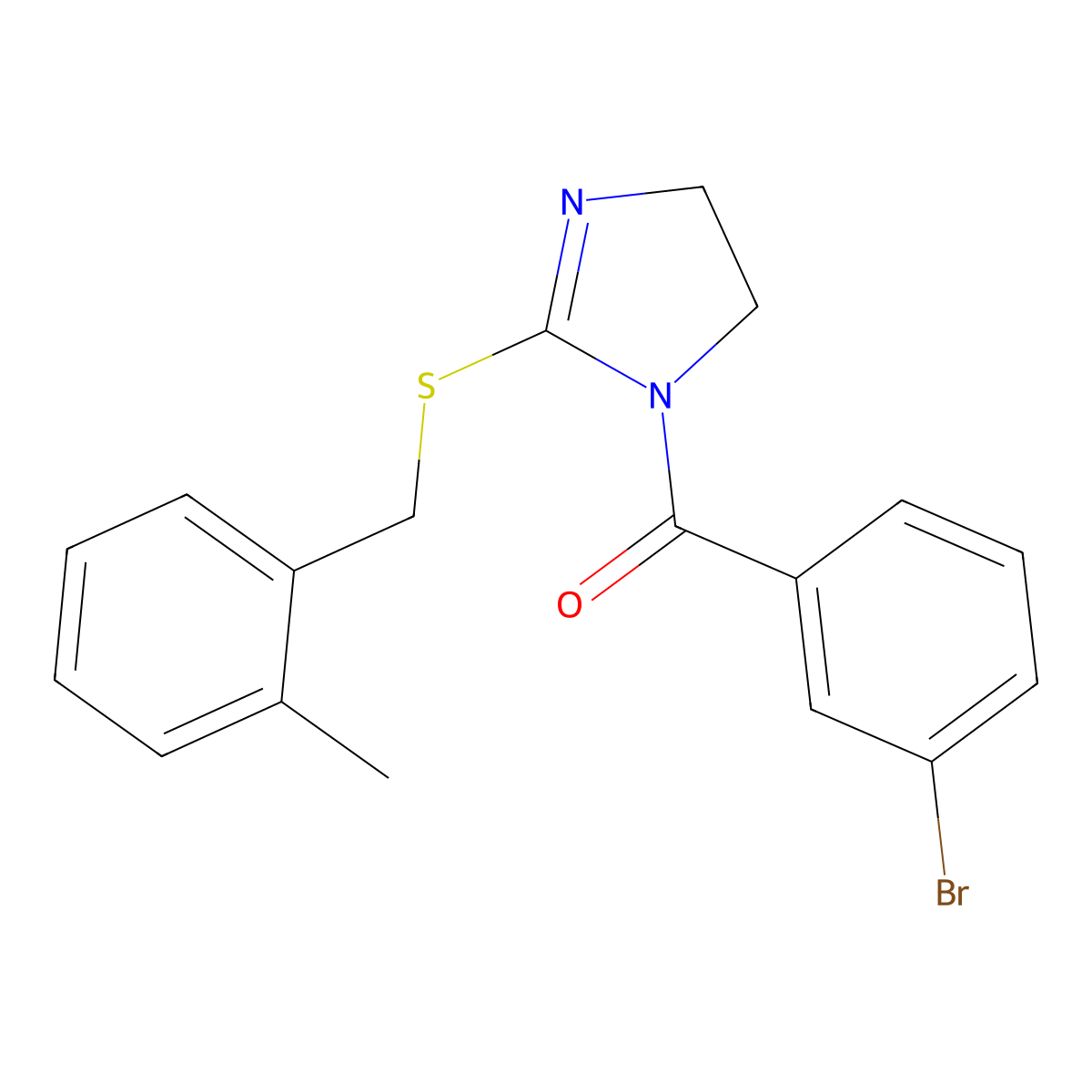 (3-bromophenyl)(2-((2-methylbenzyl)thio)-4,5-dihydro-1H-imidazol-1-yl)methanone molecular structure, CAS 851801-21-3
