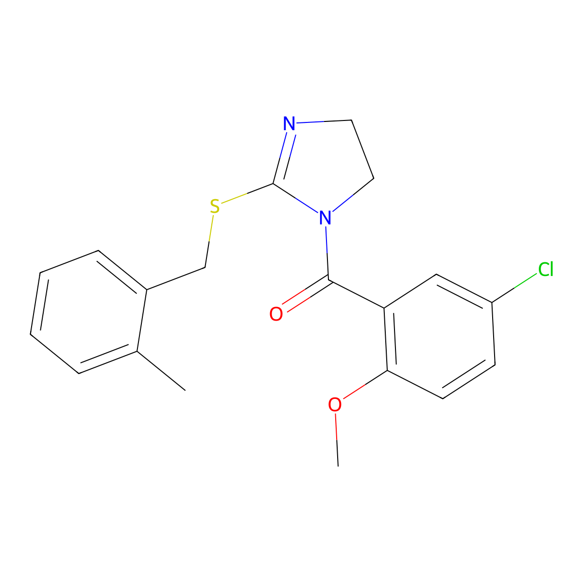 (5-chloro-2-methoxyphenyl)(2-((2-methylbenzyl)thio)-4,5-dihydro-1H-imidazol-1-yl)methanone molecular structure, CAS 851801-23-5