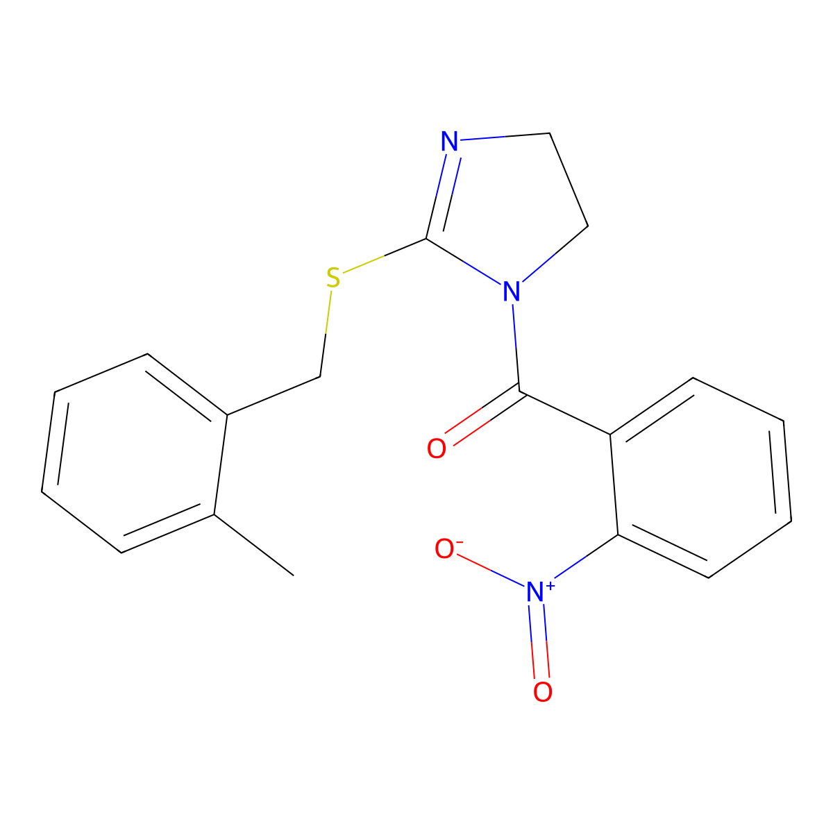 (2-((2-methylbenzyl)thio)-4,5-dihydro-1H-imidazol-1-yl)(2-nitrophenyl)methanone molecular structure, CAS 851801-24-6