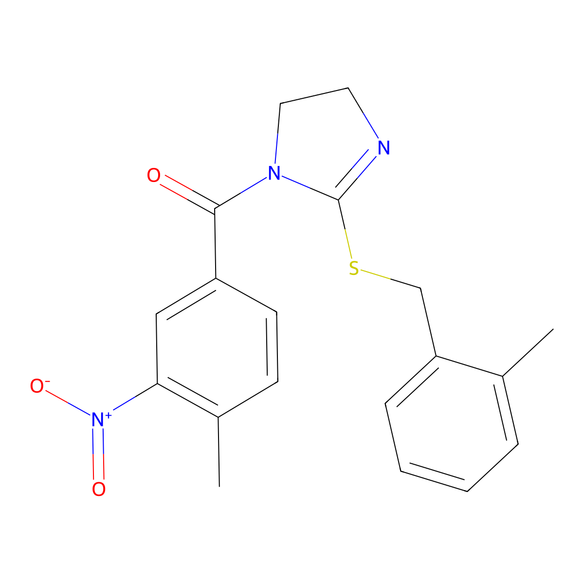(4-methyl-3-nitrophenyl)(2-((2-methylbenzyl)thio)-4,5-dihydro-1H-imidazol-1-yl)methanone molecular structure, CAS 851801-27-9