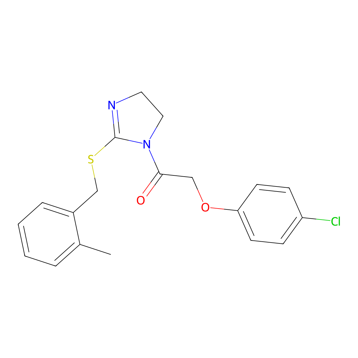 2-(4-Chlorophenoxy)-1-[2-[(2-methylphenyl)methylsulfanyl]-4,5-dihydroimidazol-1-yl]ethanone molecular structure, CAS 851801-29-1