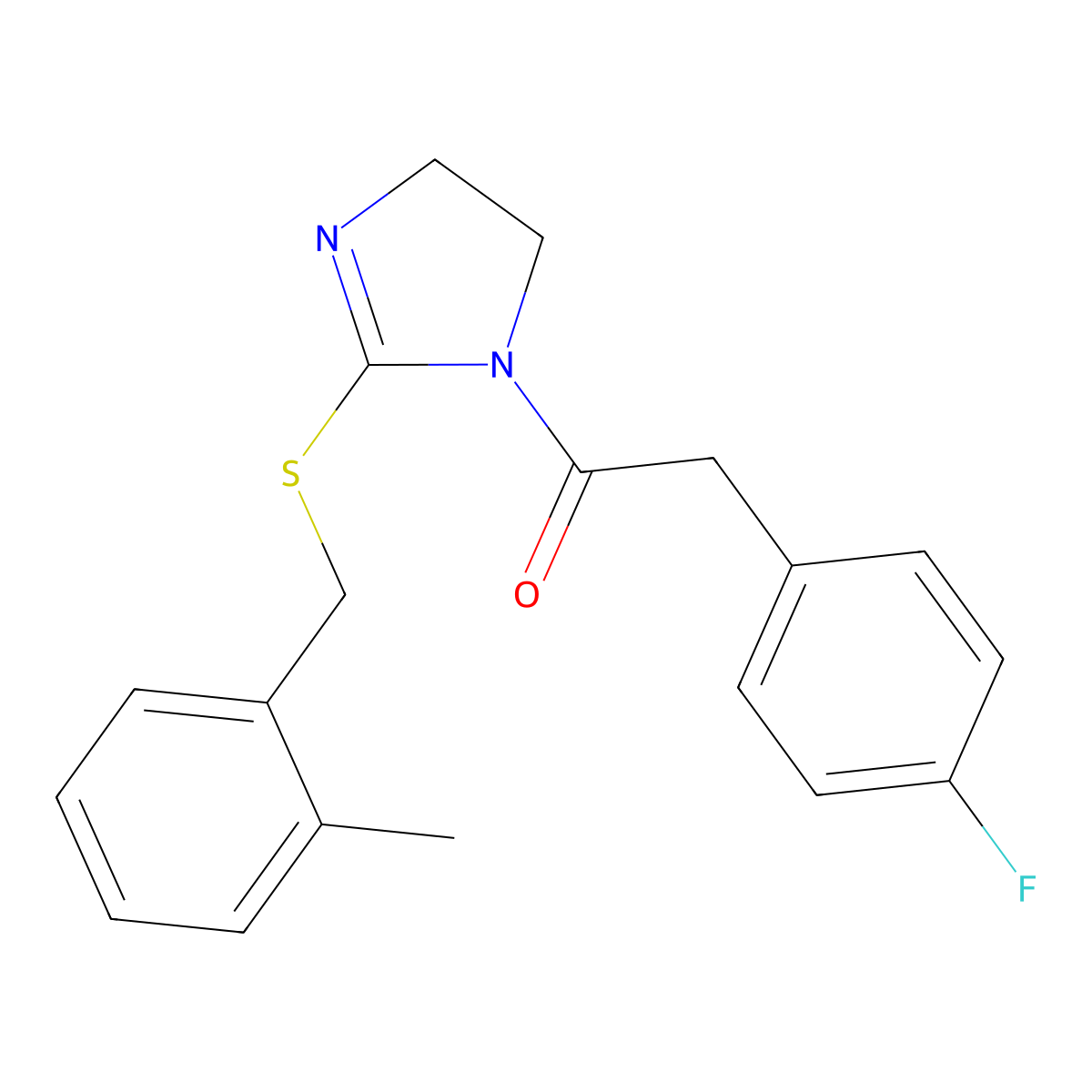 2-(4-fluorophenyl)-1-(2-((2-methylbenzyl)thio)-4,5-dihydro-1H-imidazol-1-yl)ethanone molecular structure, CAS 851801-35-9