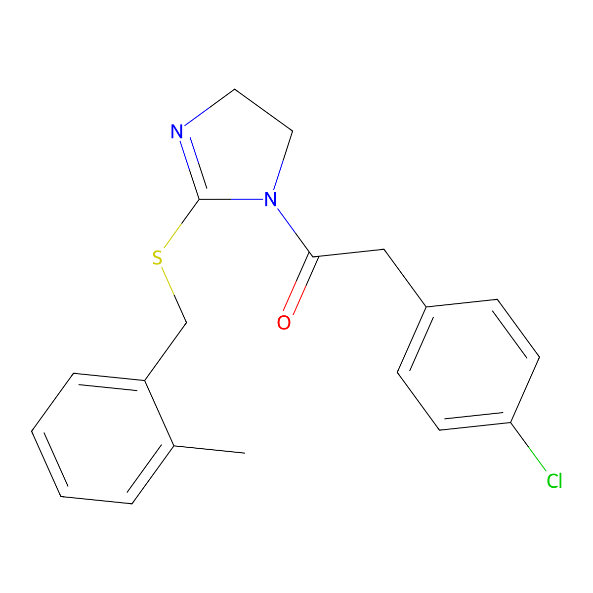 2-(4-chlorophenyl)-1-(2-((2-methylbenzyl)thio)-4,5-dihydro-1H-imidazol-1-yl)ethanone molecular structure, CAS 851801-36-0