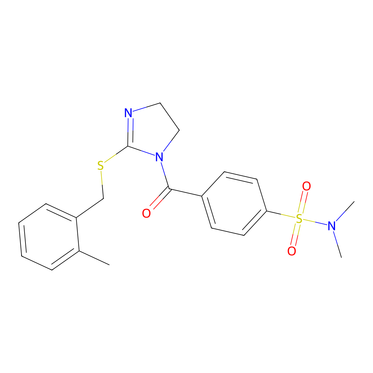N,N-dimethyl-4-[2-[(2-methylphenyl)methylsulfanyl]-4,5-dihydroimidazole-1-carbonyl]benzenesulfonamide molecular structure, CAS 851801-39-3