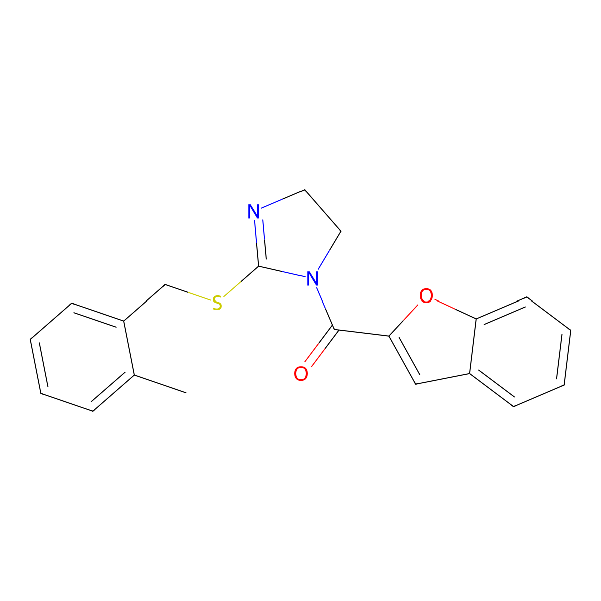 1-Benzofuran-2-yl-[2-[(2-methylphenyl)methylsulfanyl]-4,5-dihydroimidazol-1-yl]methanone molecular structure, CAS 851801-44-0